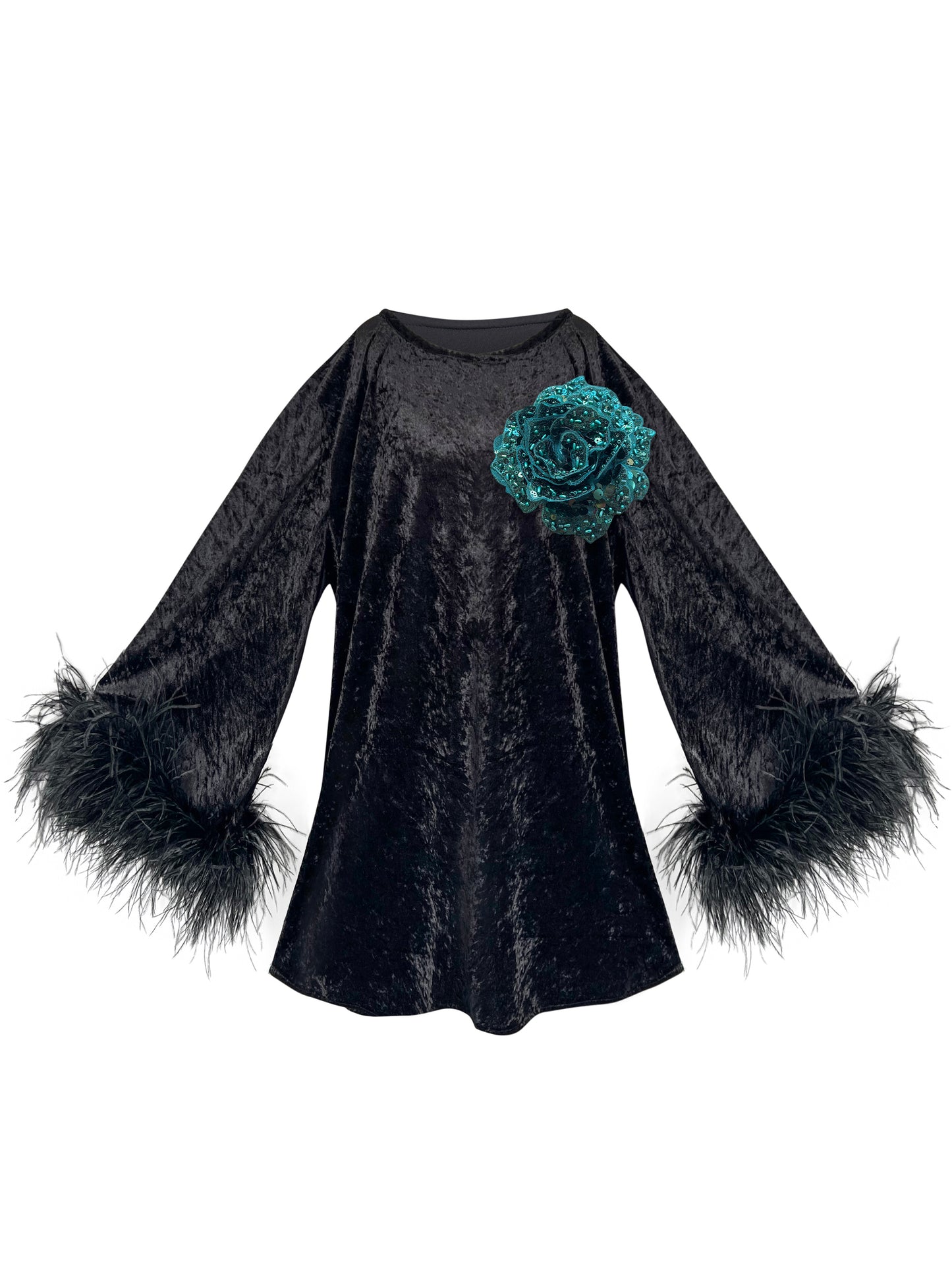 Jess Mini Little Black Velvet Dress Green Flower