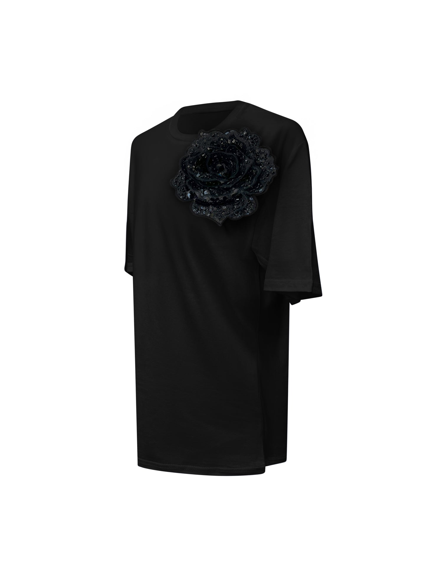 Summer Black Cotton T-Shirt With Black Sided Rose