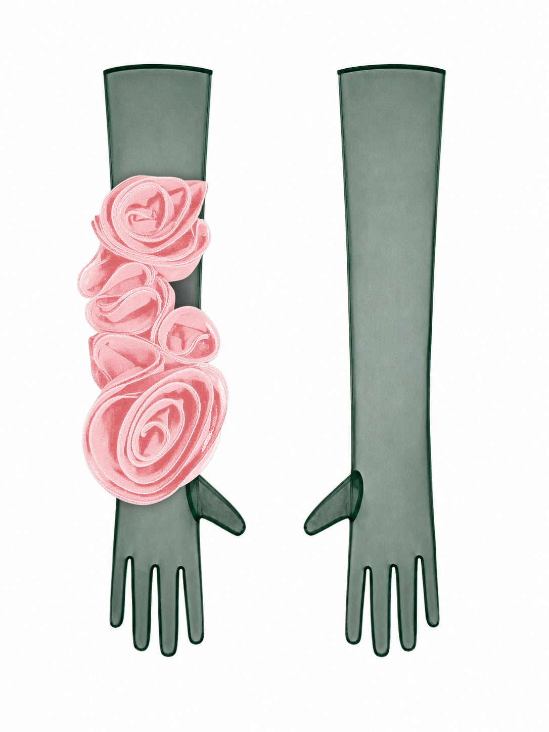 Dark Green Gloves With Pink Flower