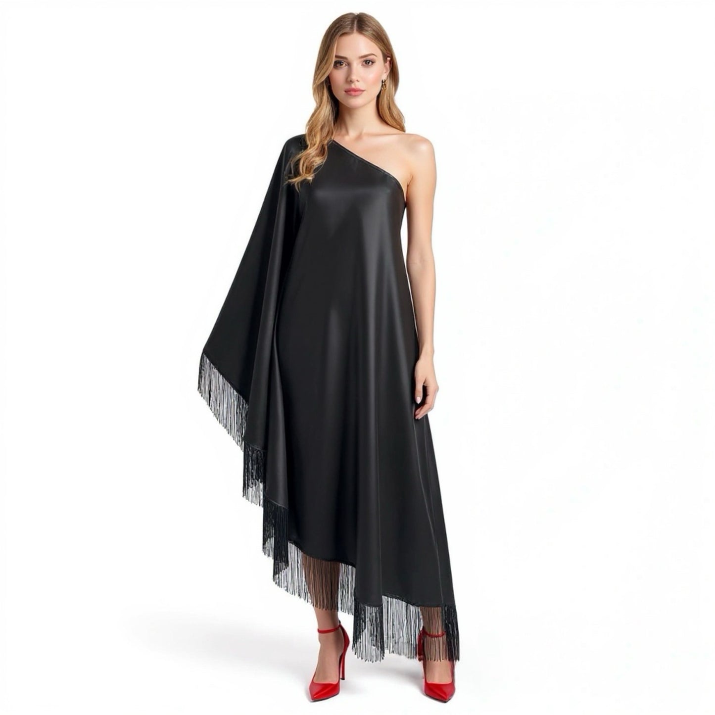 Black Fringe Off Shoulder Glam Midi Dress