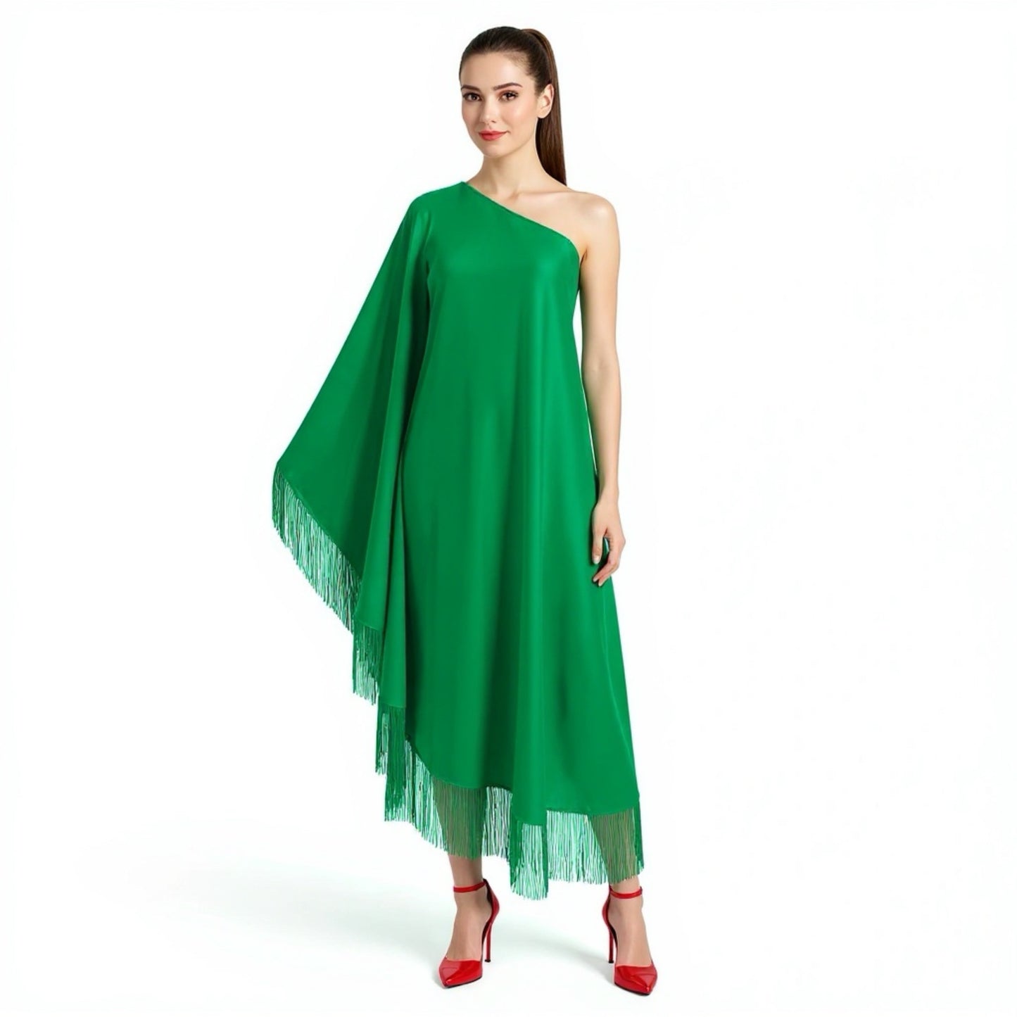 Green Fringe Off Shoulder Glam Midi Dress