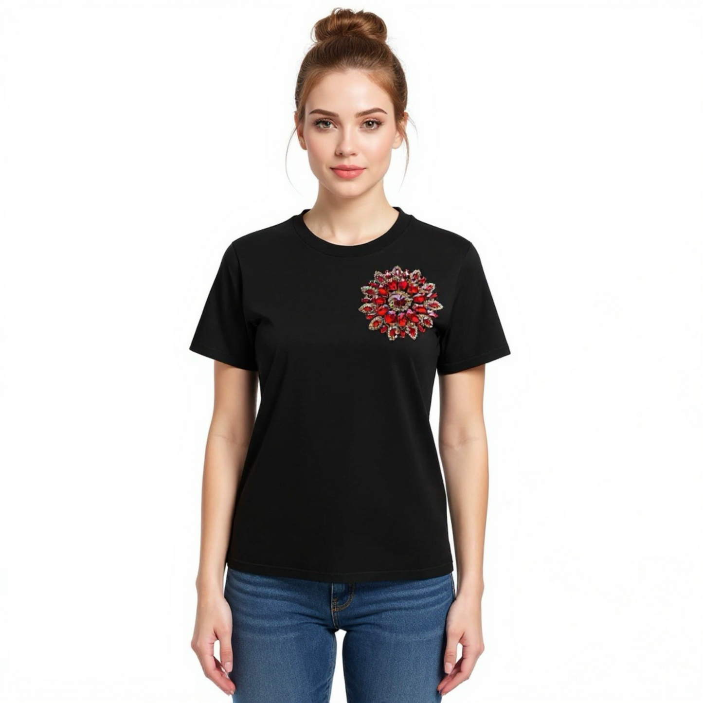 Black Cotton T-Shirt With Red Swarovski Crystals