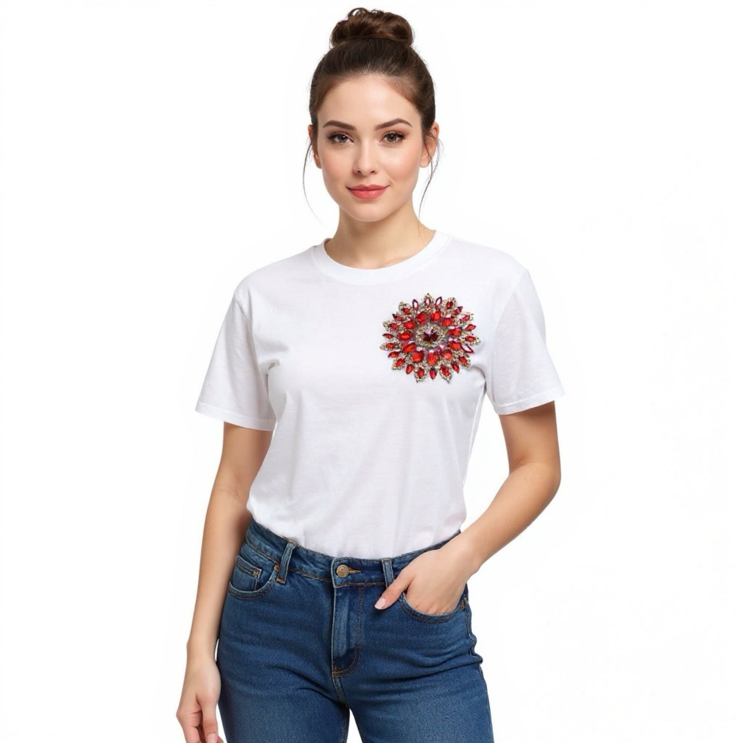White Cotton T-Shirt With Red Swarovski Crystals
