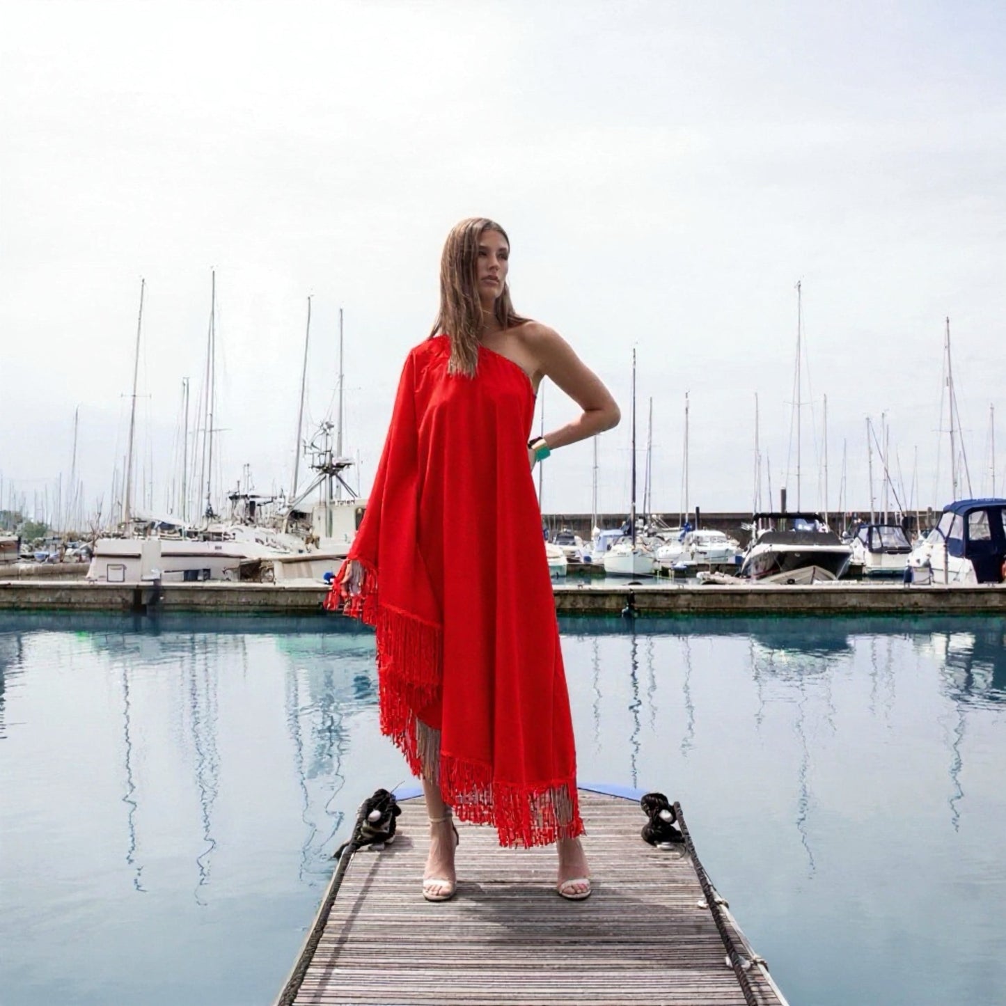 Red Fringe Off Shoulder Glam Midi Dress