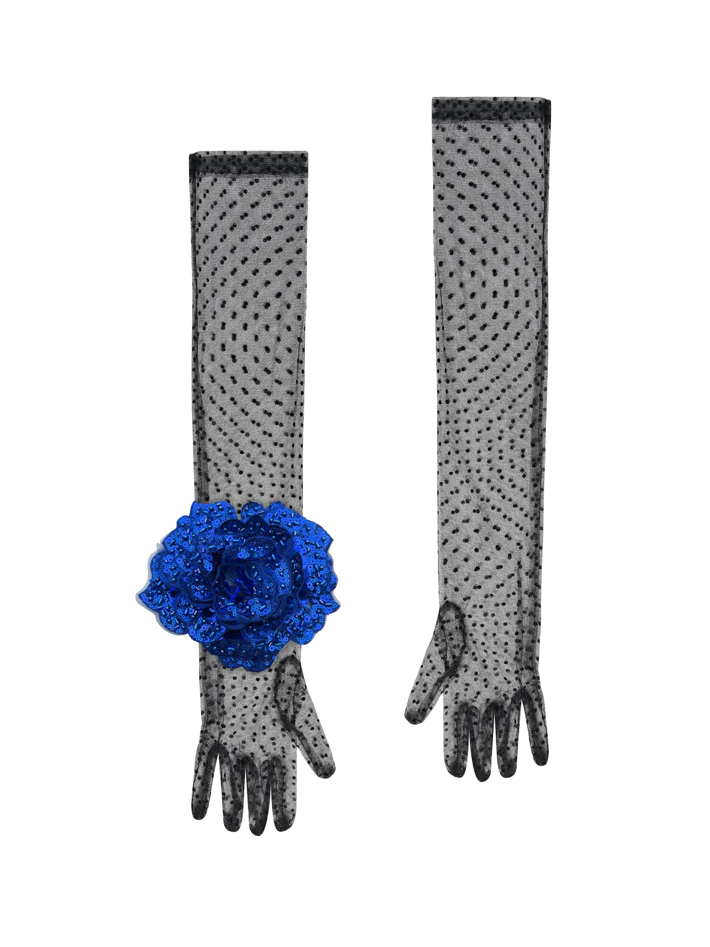 Long Black Polka Dot Gloves With Royal Blue Sequin Rose