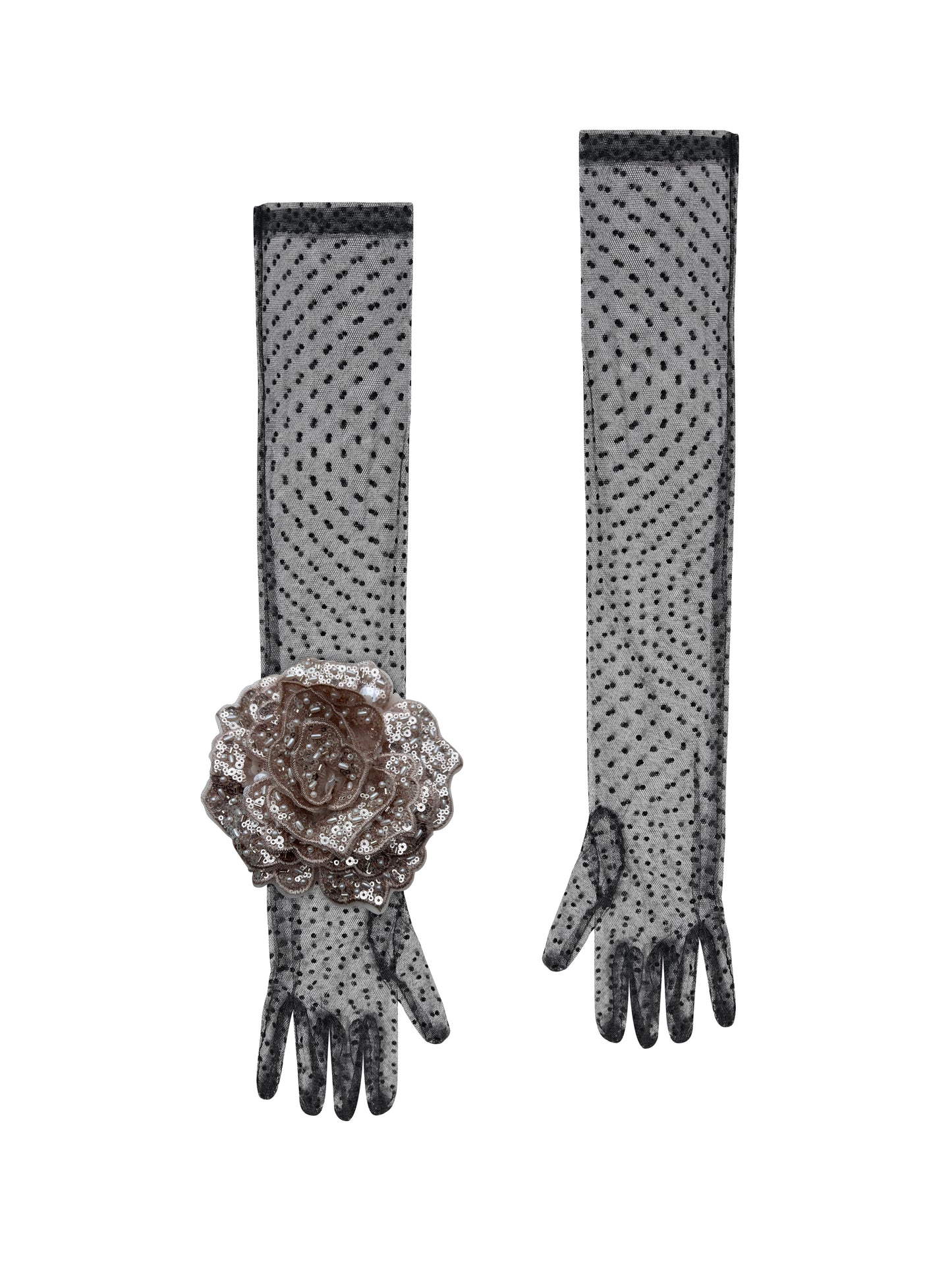 Long Black Polka Dot Gloves With Champagne Sequin Rose