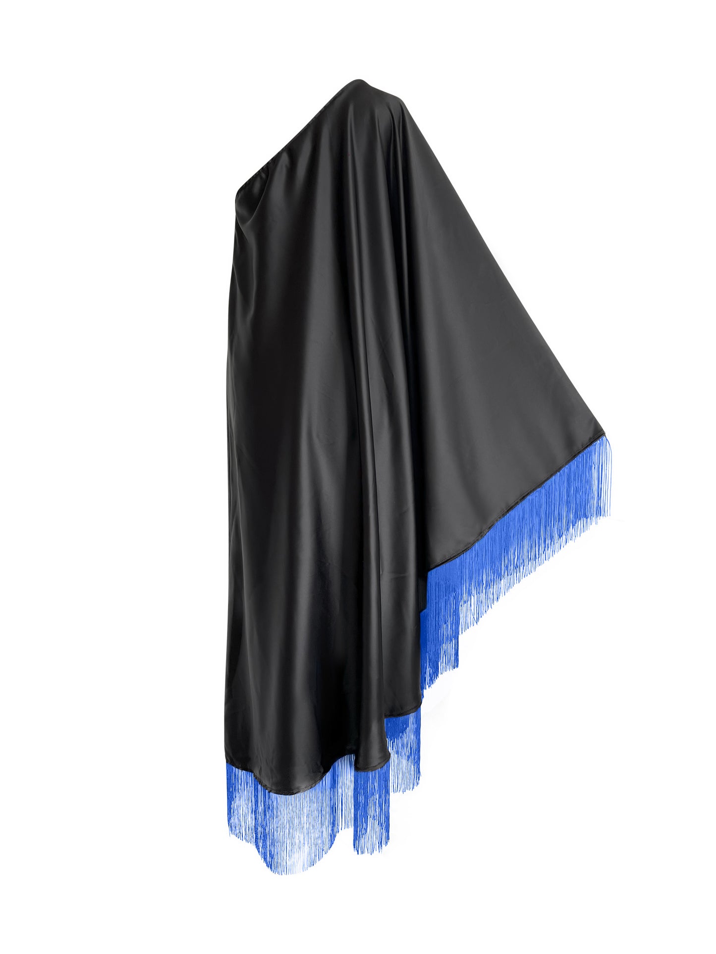 Blue Fringe Off Shoulder Black Midi Dress