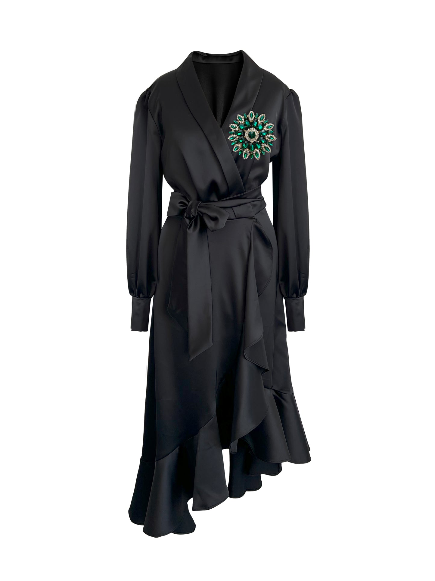 Black Clarice Midi Wrap Dress With Green Swarovski Crystals