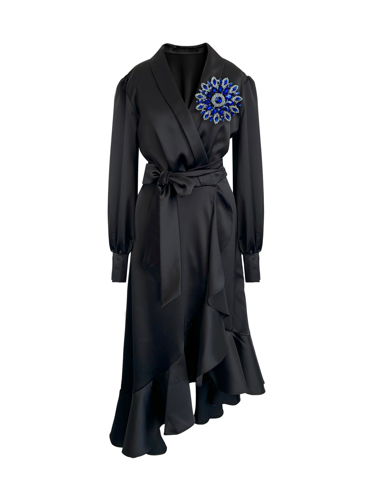 Black Clarice Midi Wrap Dress With Blue Swarovski Crystals