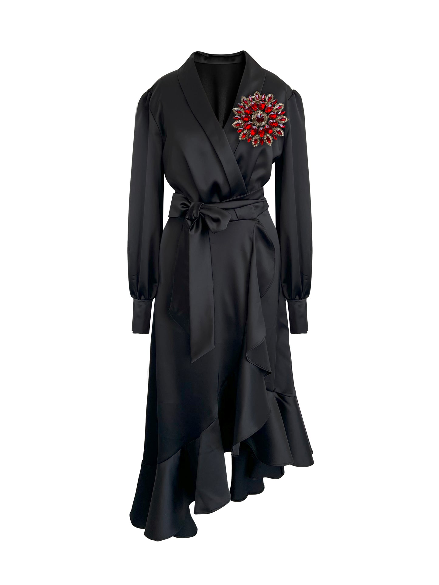 Black Clarice Midi Wrap Dress With Red Swarovski Crystals
