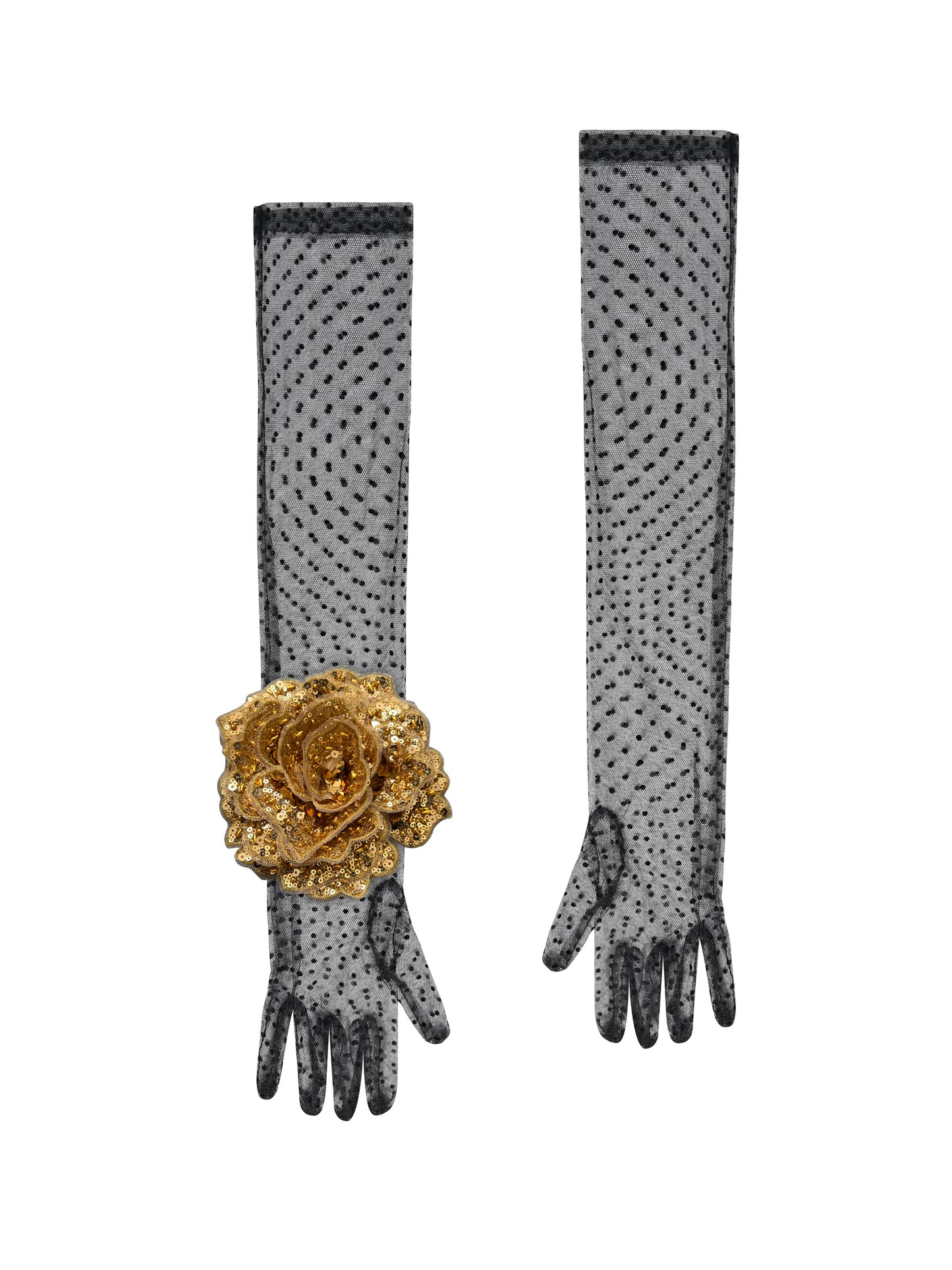 Long Black Polka Dot Gloves With Gold Sequin Rose