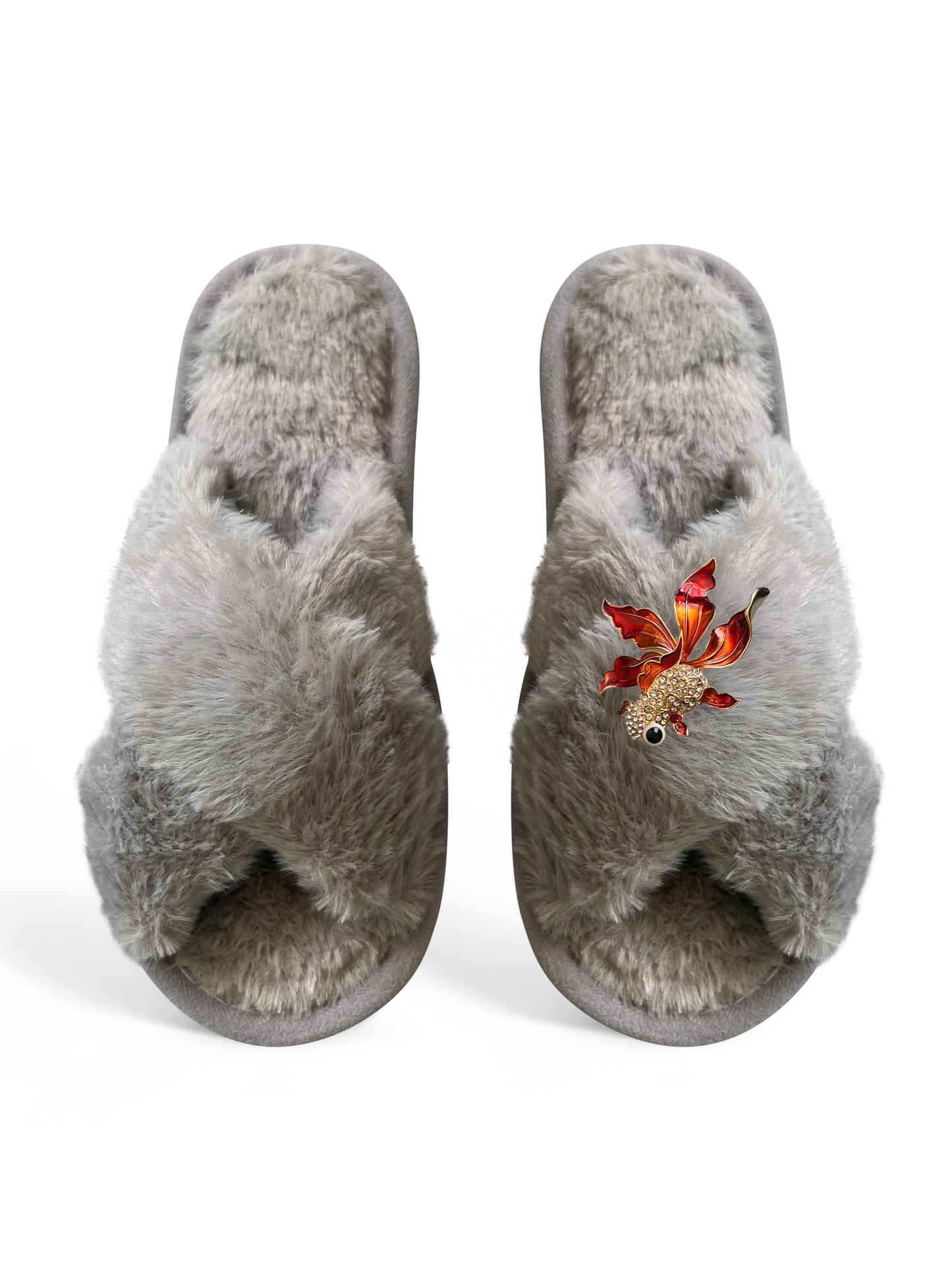 Classic Toma Faux Fur Open Toe Fish Rhinestone Slippers