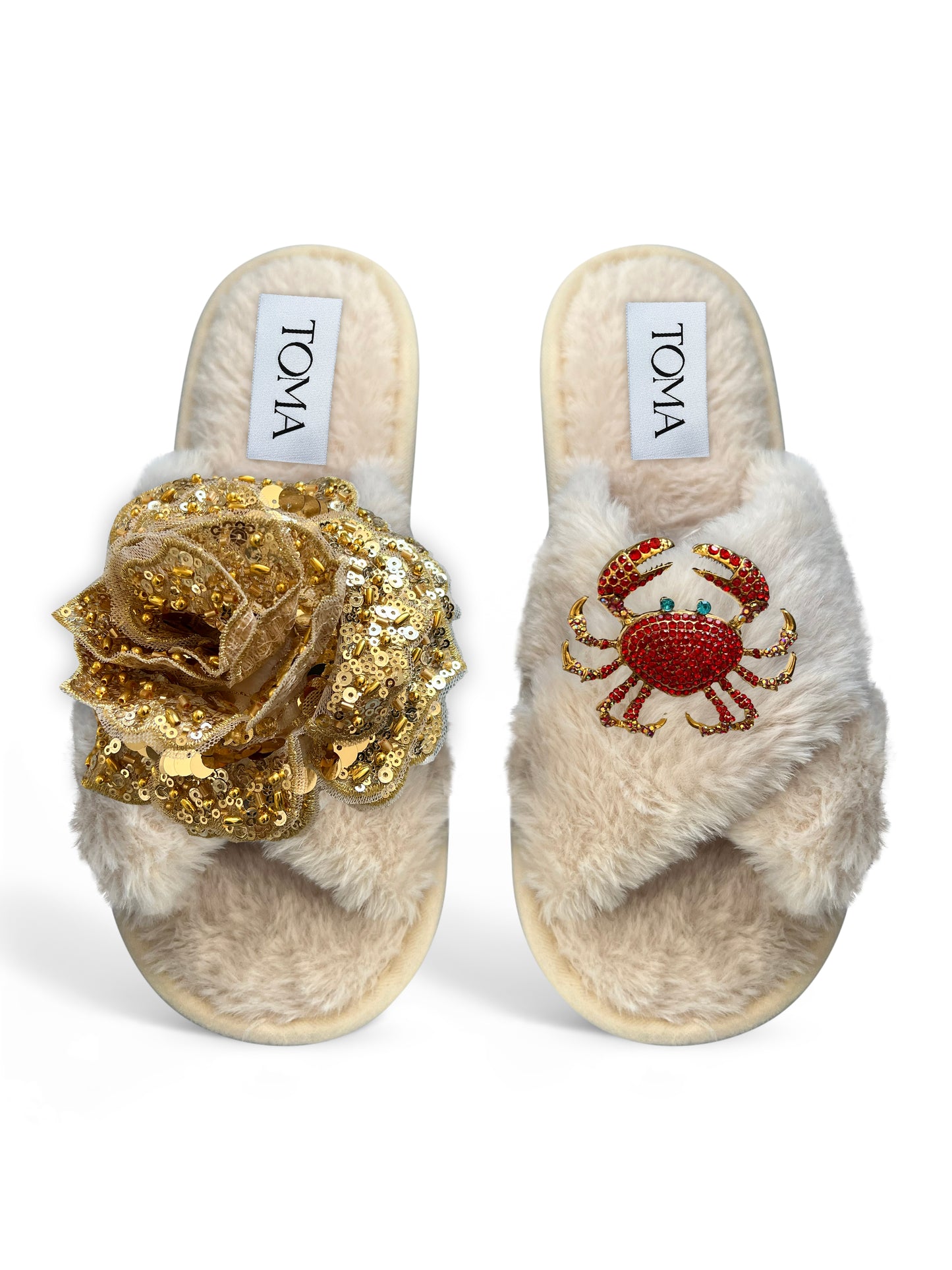 Classic Toma Faux Fur Open Toe Gold Sequin Flower And Crab Slippers