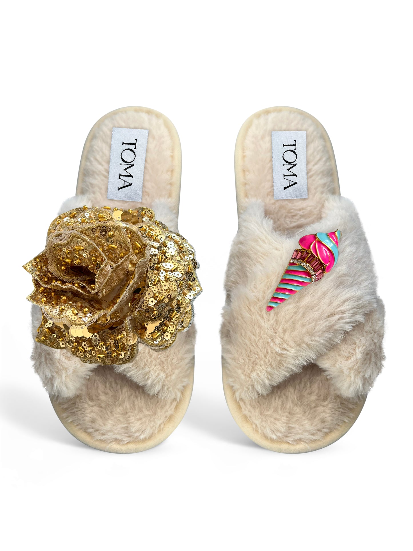 Classic Toma Open Toe Gold Sequin Flower And Candy Ice Cream Slippers