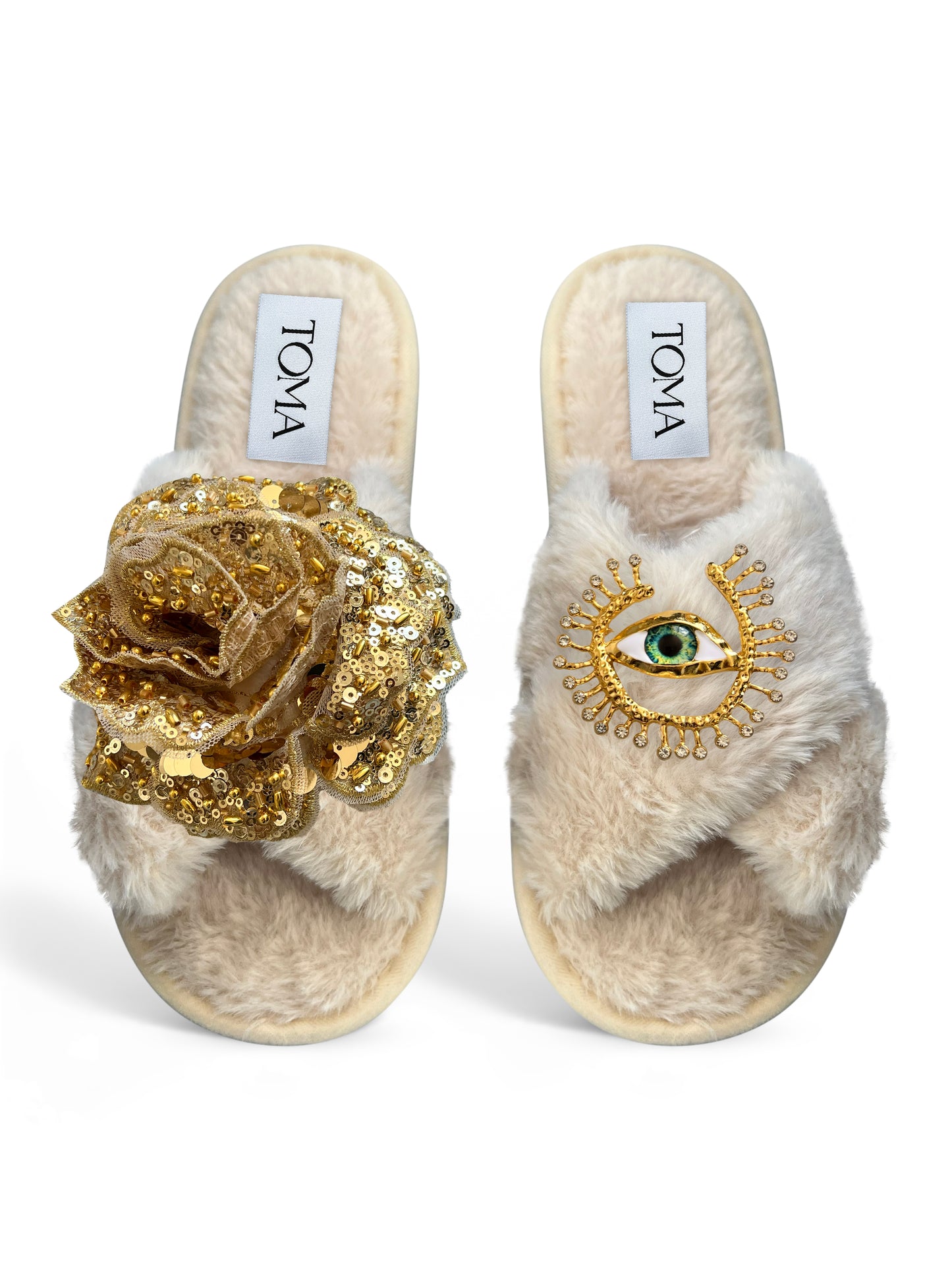 Classic Toma Open Toe Gold Sequin Flower And Green Eye Slippers