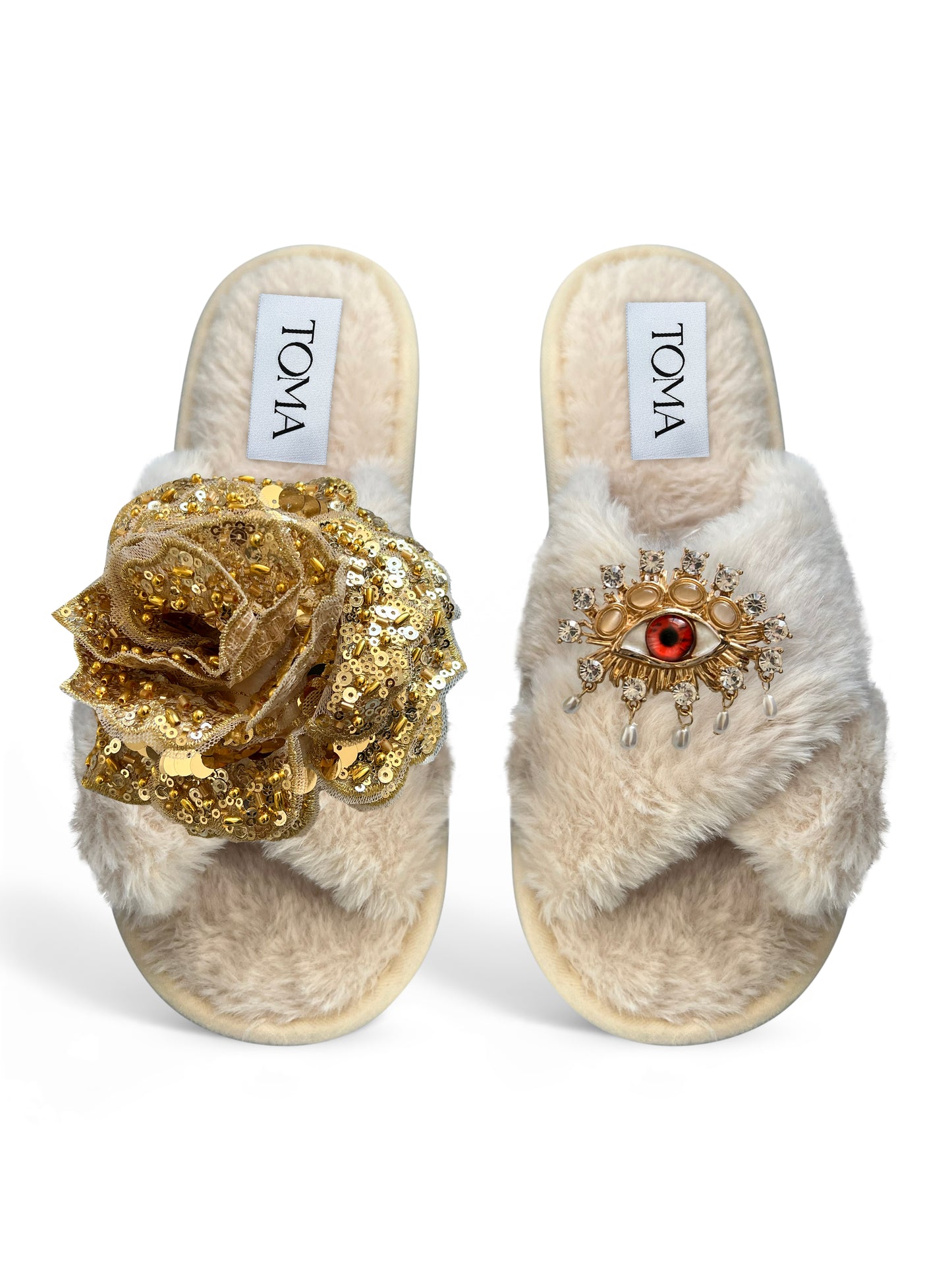 Classic Toma Open Toe Gold Sequin Flower And Red Eye Slippers