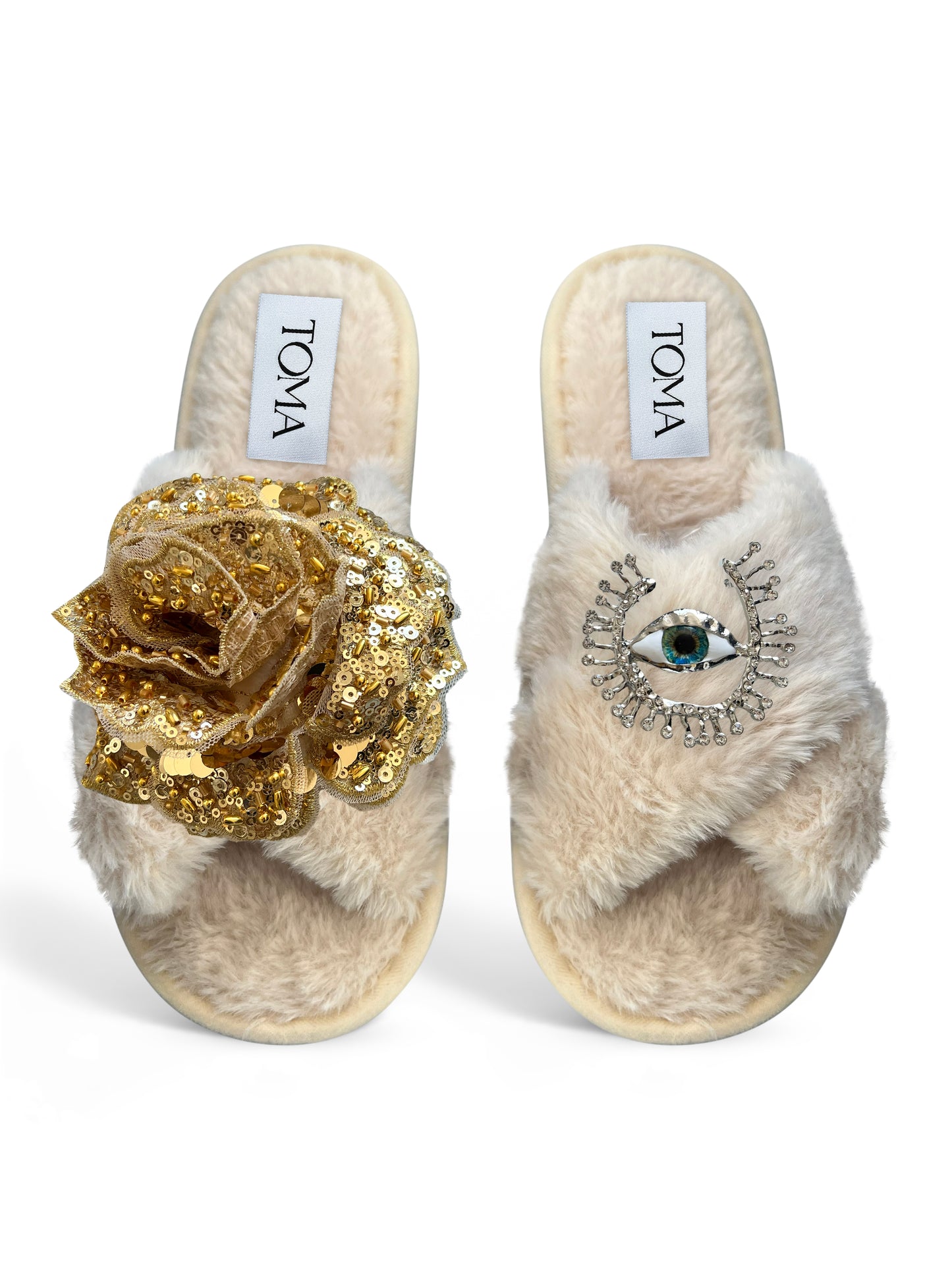 Classic Toma Open Toe Gold Sequin Flower And Silver Eye Slippers