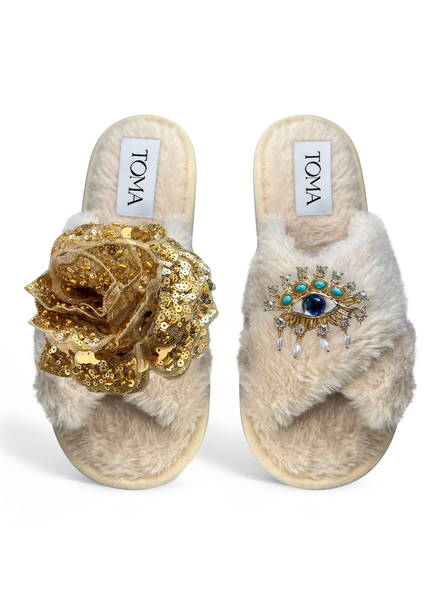 Classic Toma Open Toe Gold Sequin Flower And Blue Eye Slippers