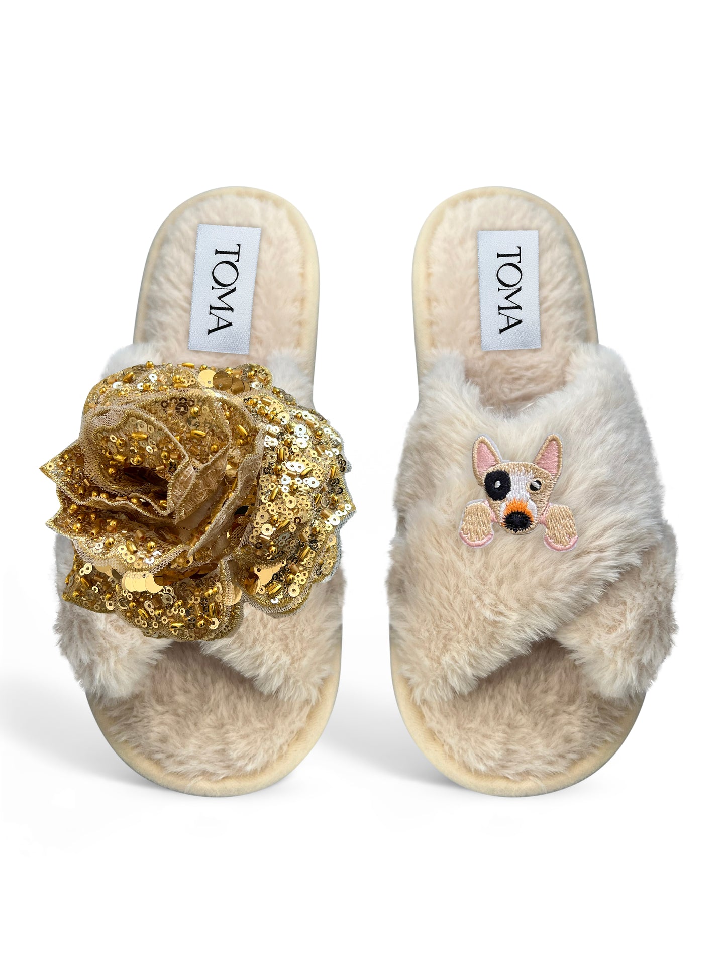 Classic Toma Open Toe Gold Sequin Flower And Dog Three Slippers
