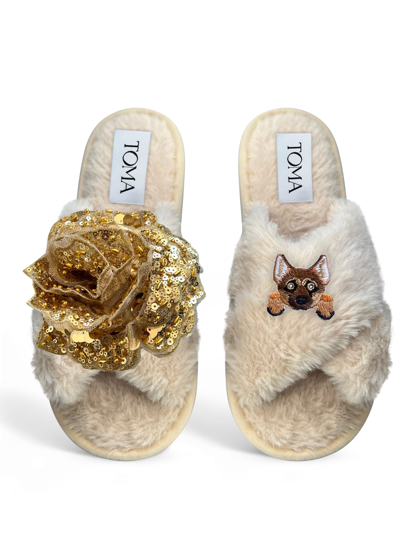 Classic Toma Open Toe Gold Sequin Flower And Dog Seven Slippers