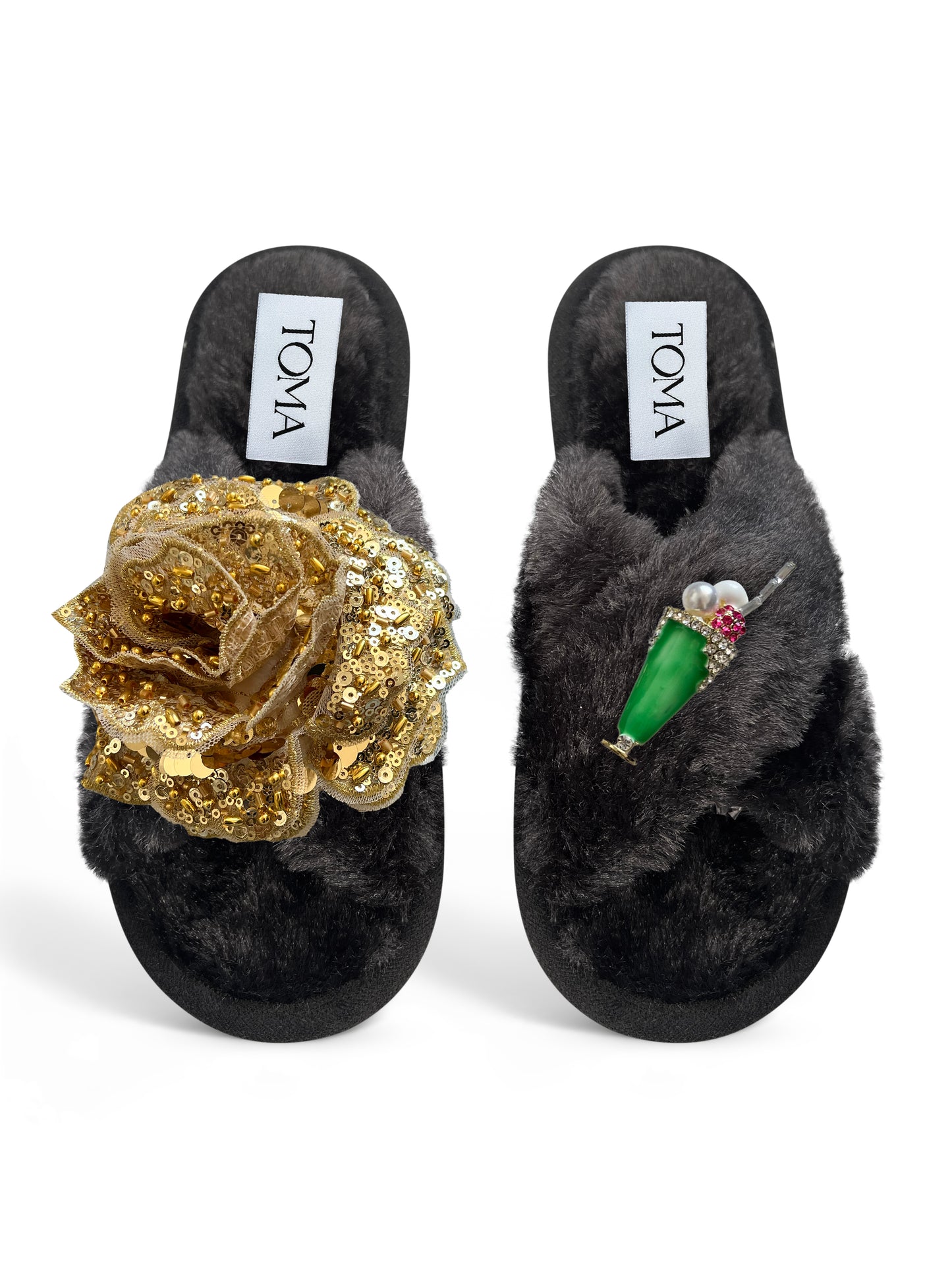 Classic Toma Open Toe Gold Sequin Flower And Ice Cream Slippers