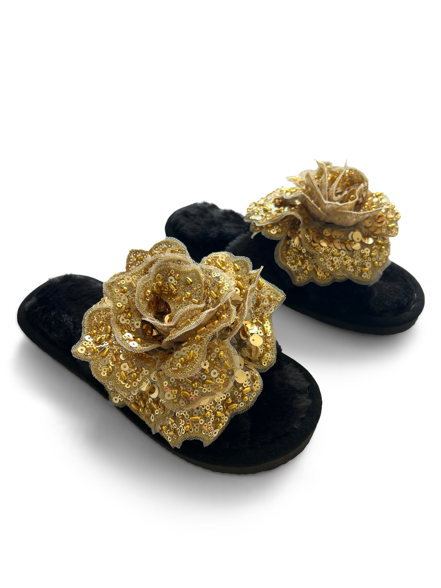 Classic Black Faux Fur Open Toe Slippers