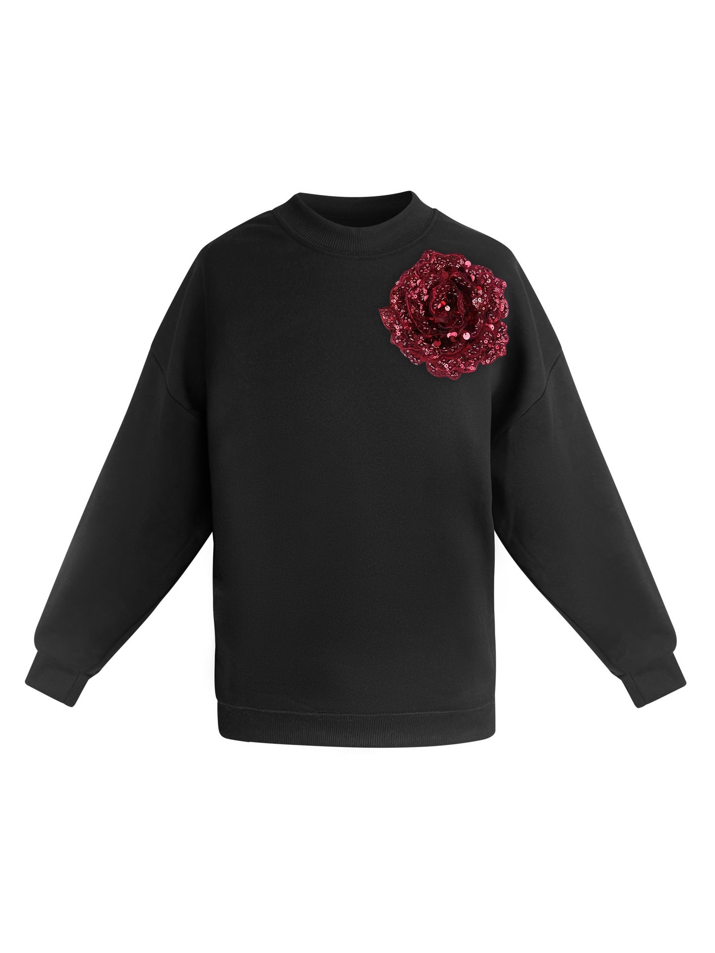 Cotton Sweatshirt With Burgundy Sequin Flower