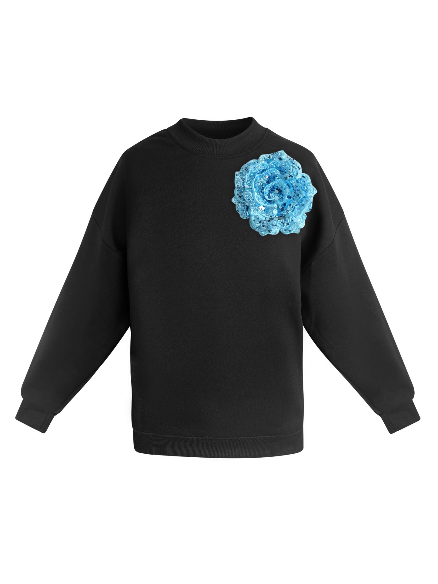 Cotton Sweatshirt With Sky Blue Sequin Flower