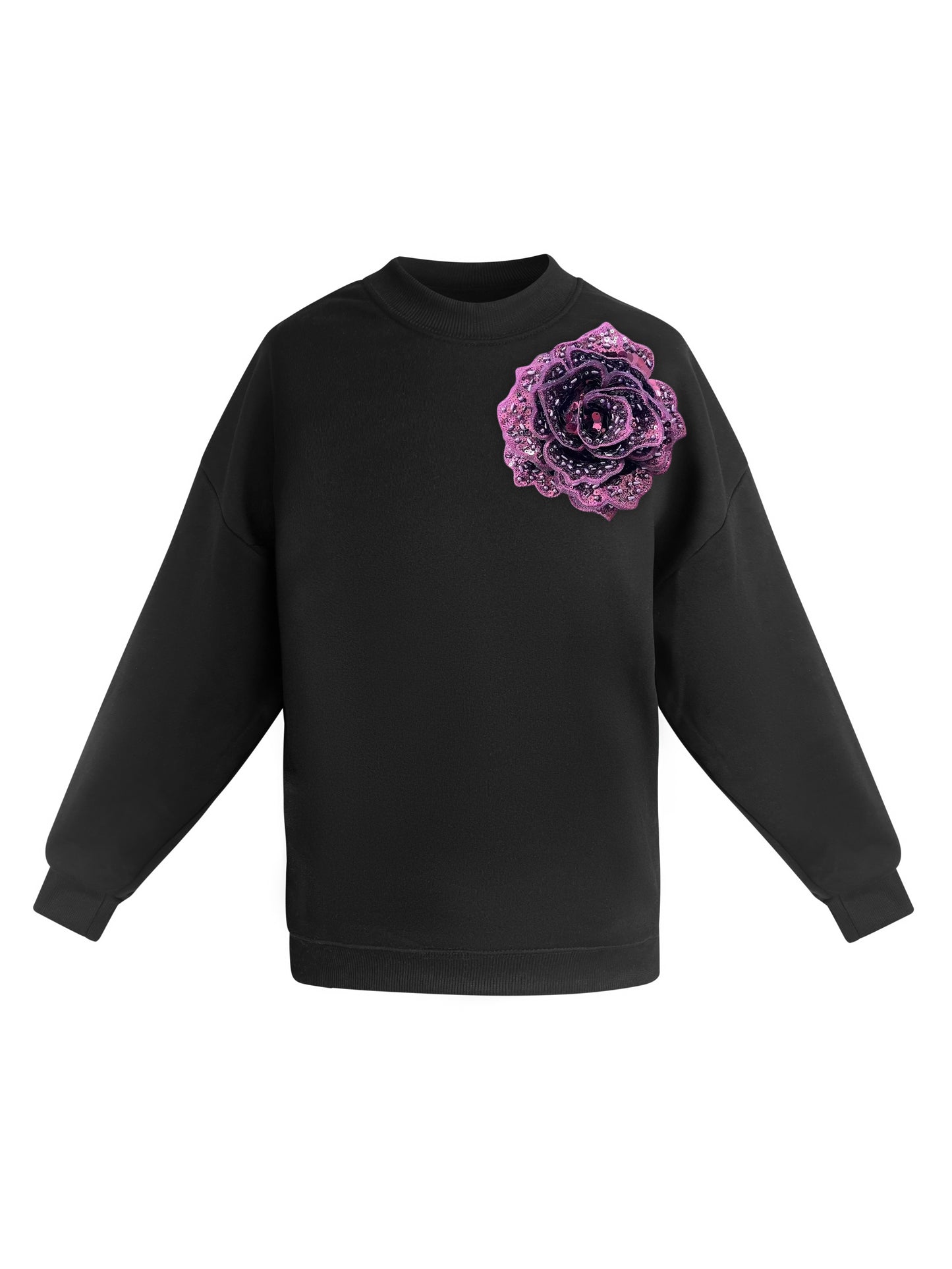 Cotton Sweatshirt With Sky Wine Sequin Flower