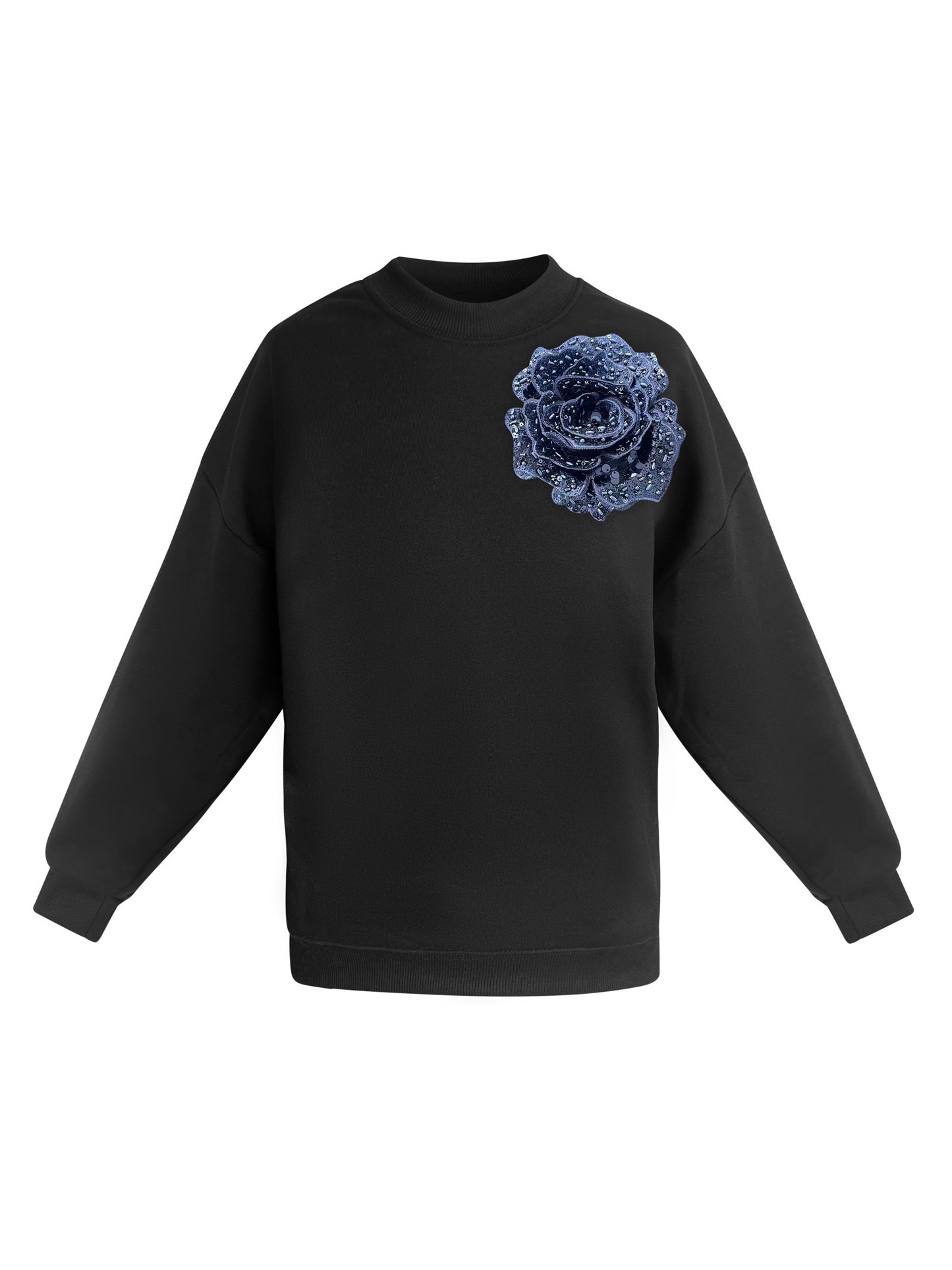 Cotton Sweatshirt With Navy Sequin Flower