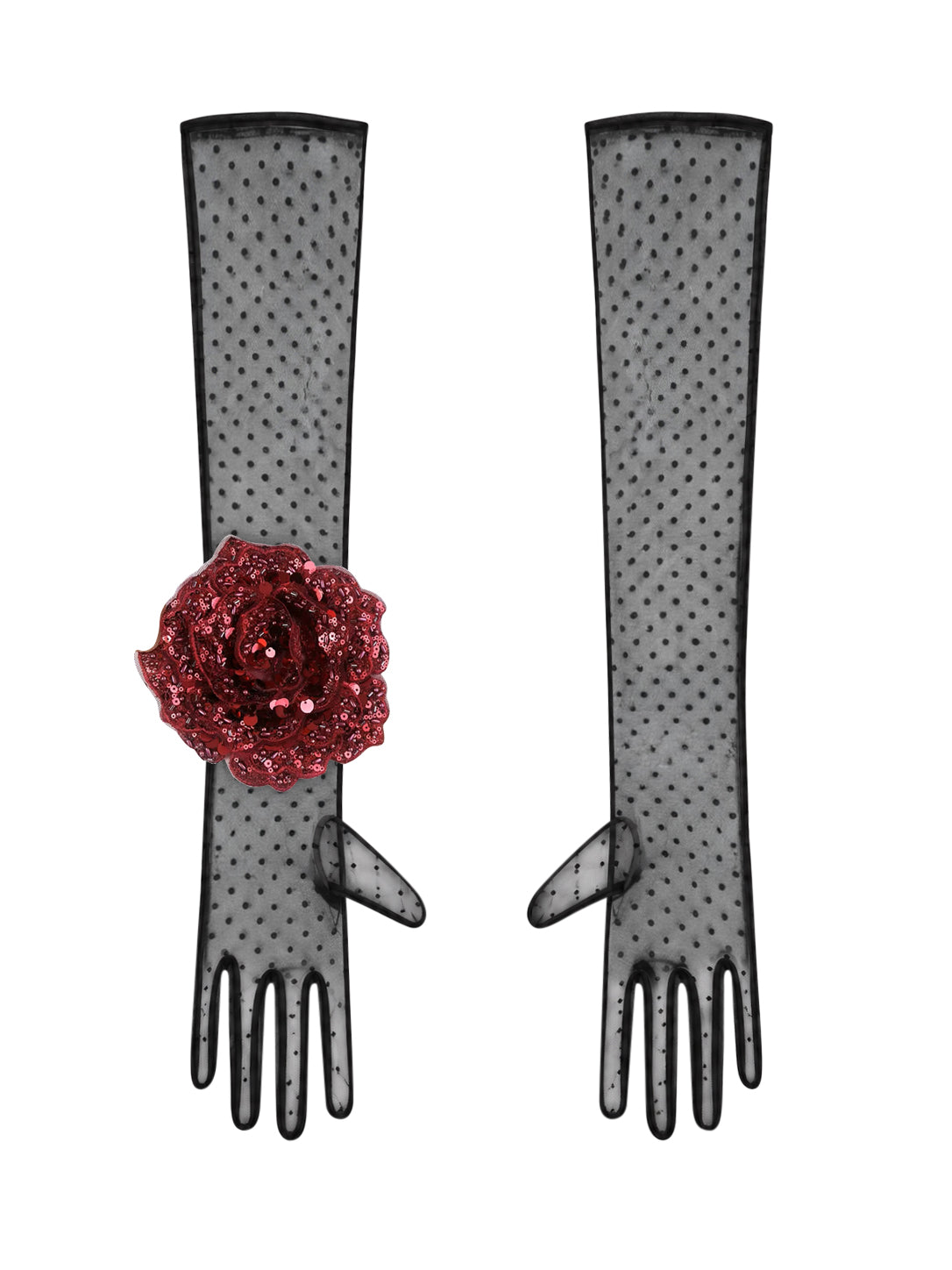 Long Black Polka Dot Gloves With Burgundy Sequin Rose