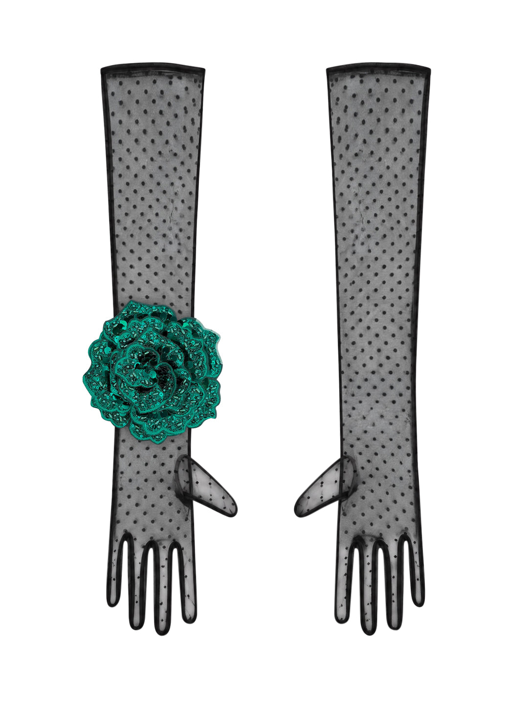Long Black Polka Dot Gloves With Green Sequin Rose