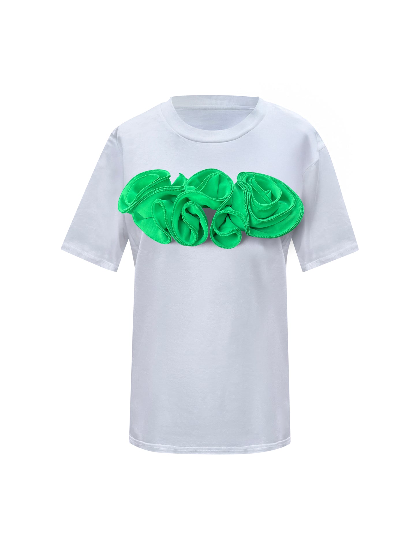 Flower Summer White Cotton T-Shirt With Green Central Roses
