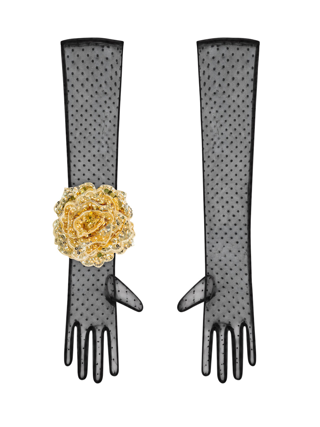 Long Black Polka Dot Gloves With Gold Sequin Rose