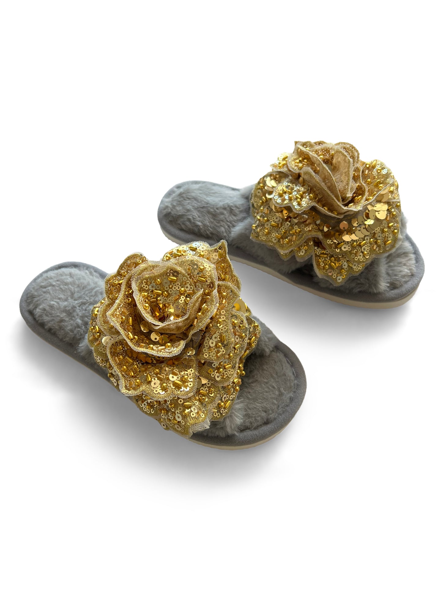 Classic Grey Faux Fur Open Toe Slippers