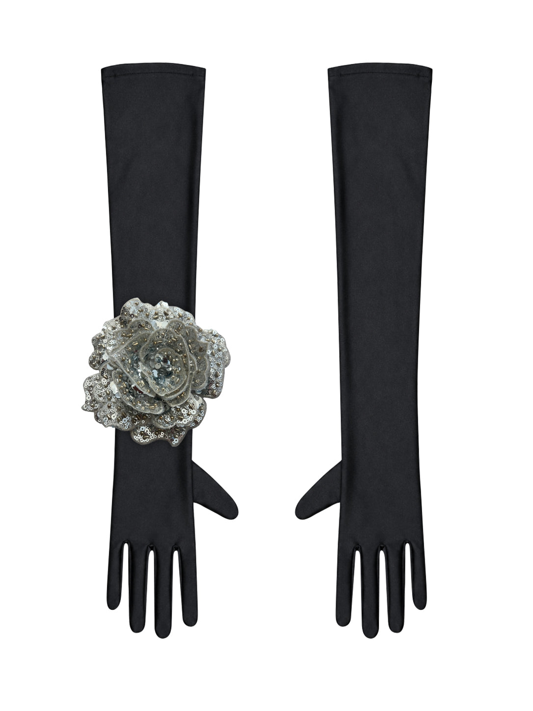 Black Evening Chic Gloves With Silver Sequin Rose