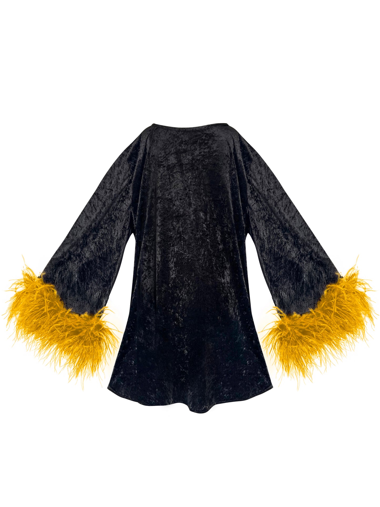 Jess Mini Little Black Velvet Dress With Yellow Feathers