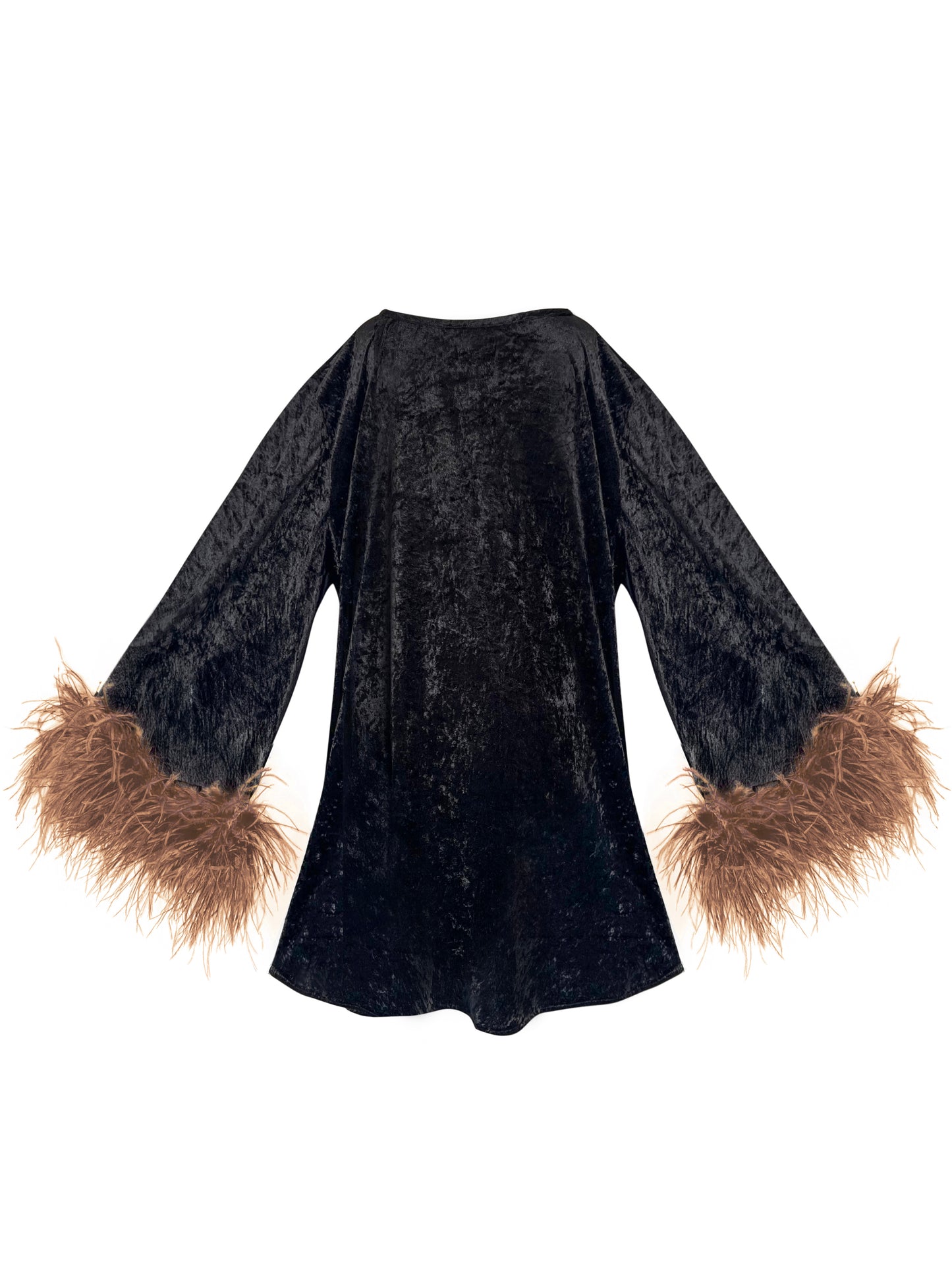 Jess Mini Little Black Velvet Dress With Brown Feathers