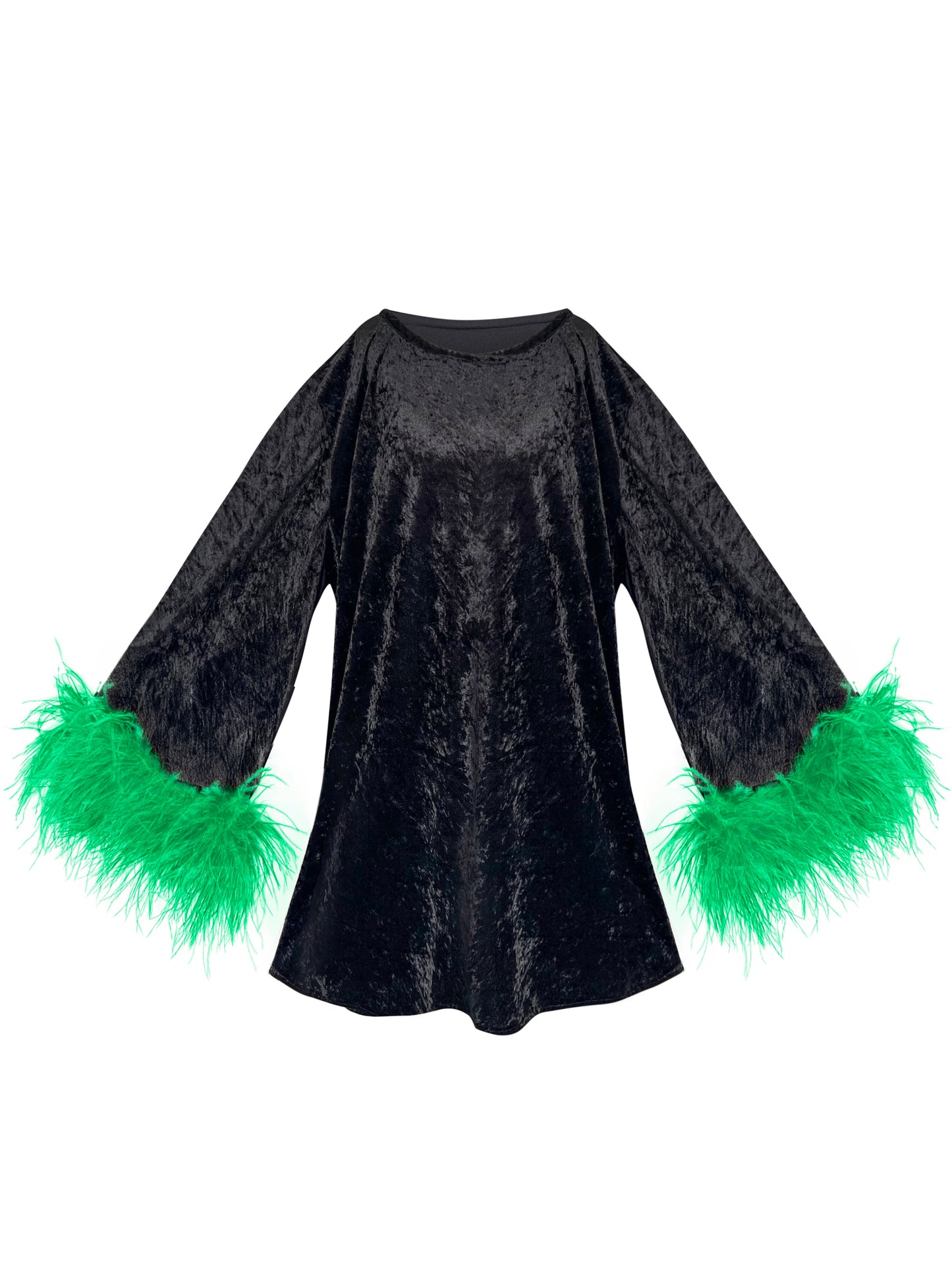 Jess Mini Little Black Velvet Dress With Green Feathers