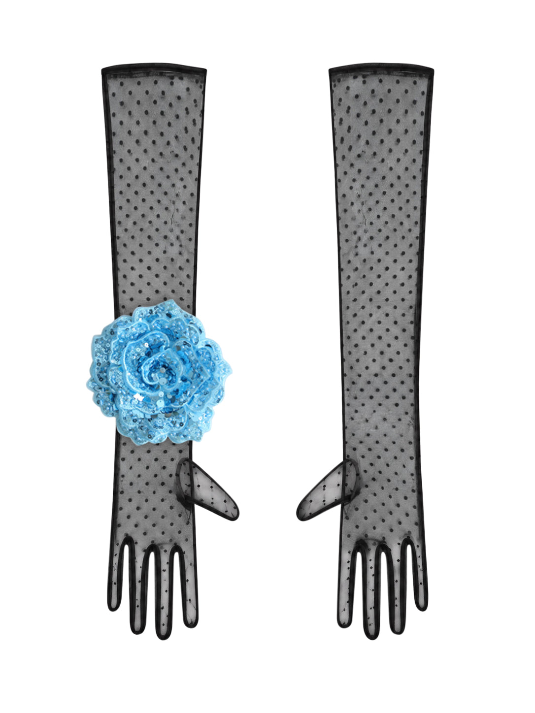 Long Black Polka Dot Gloves With Lake Blue Sequin Rose