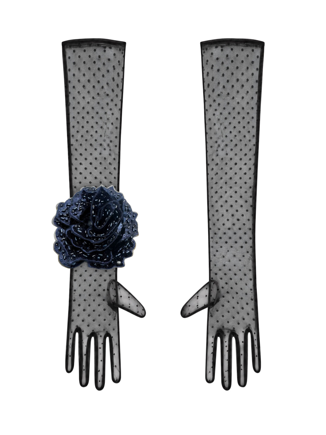 Long Black Polka Dot Gloves With Navy Sequin Rose