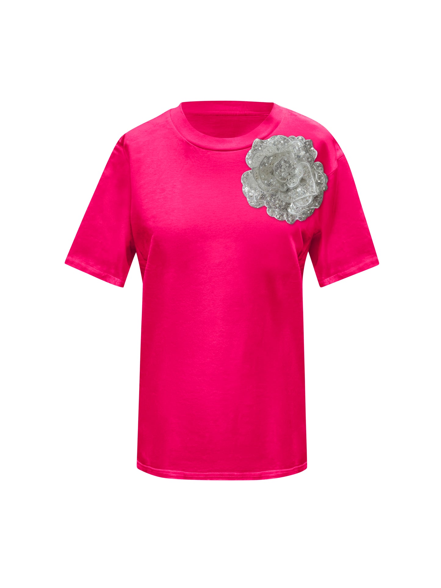 Pink Cotton T-Shirt With Sequin Flower