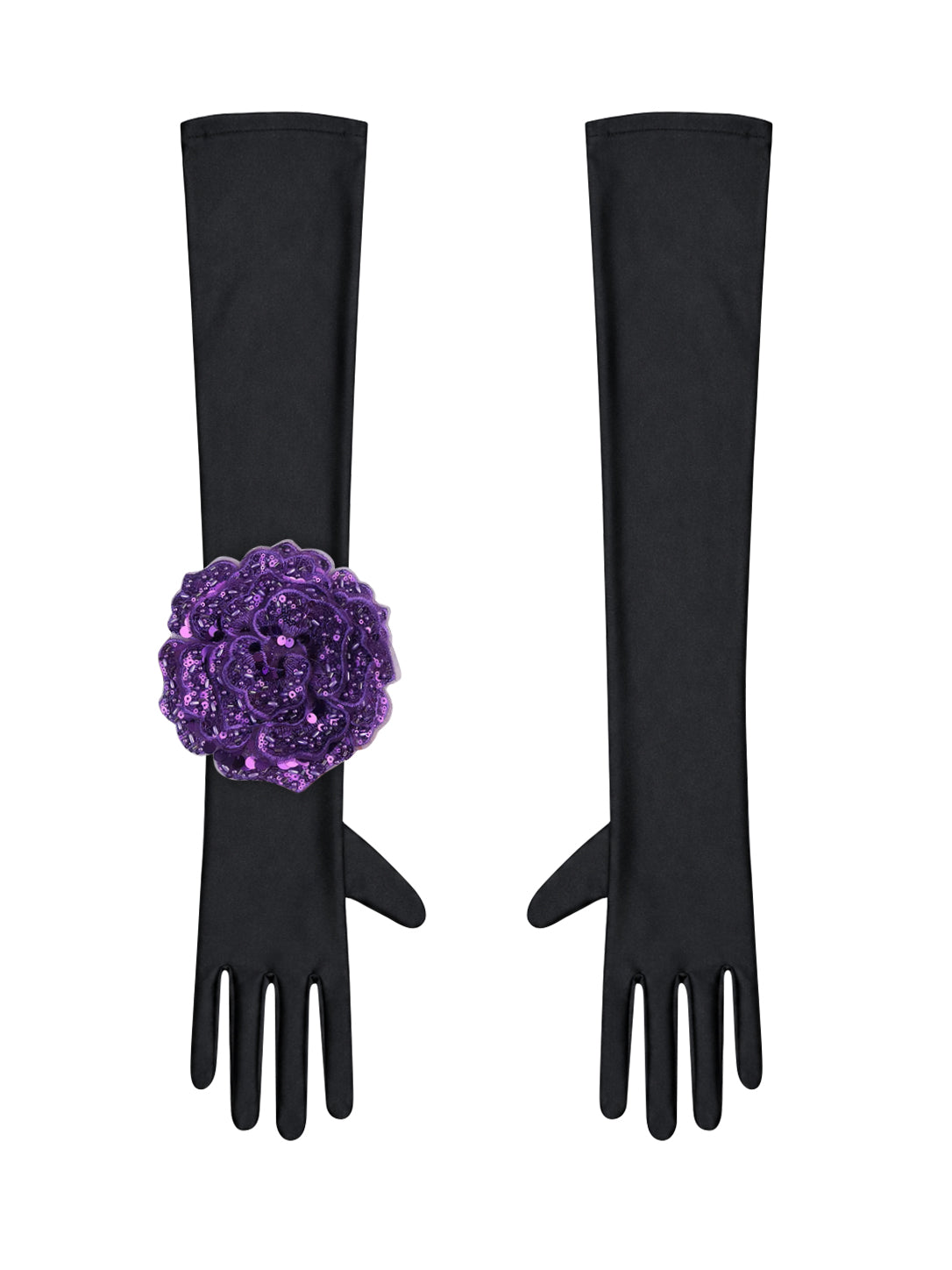 Black Evening Chic Gloves With Purple Sequin Rose