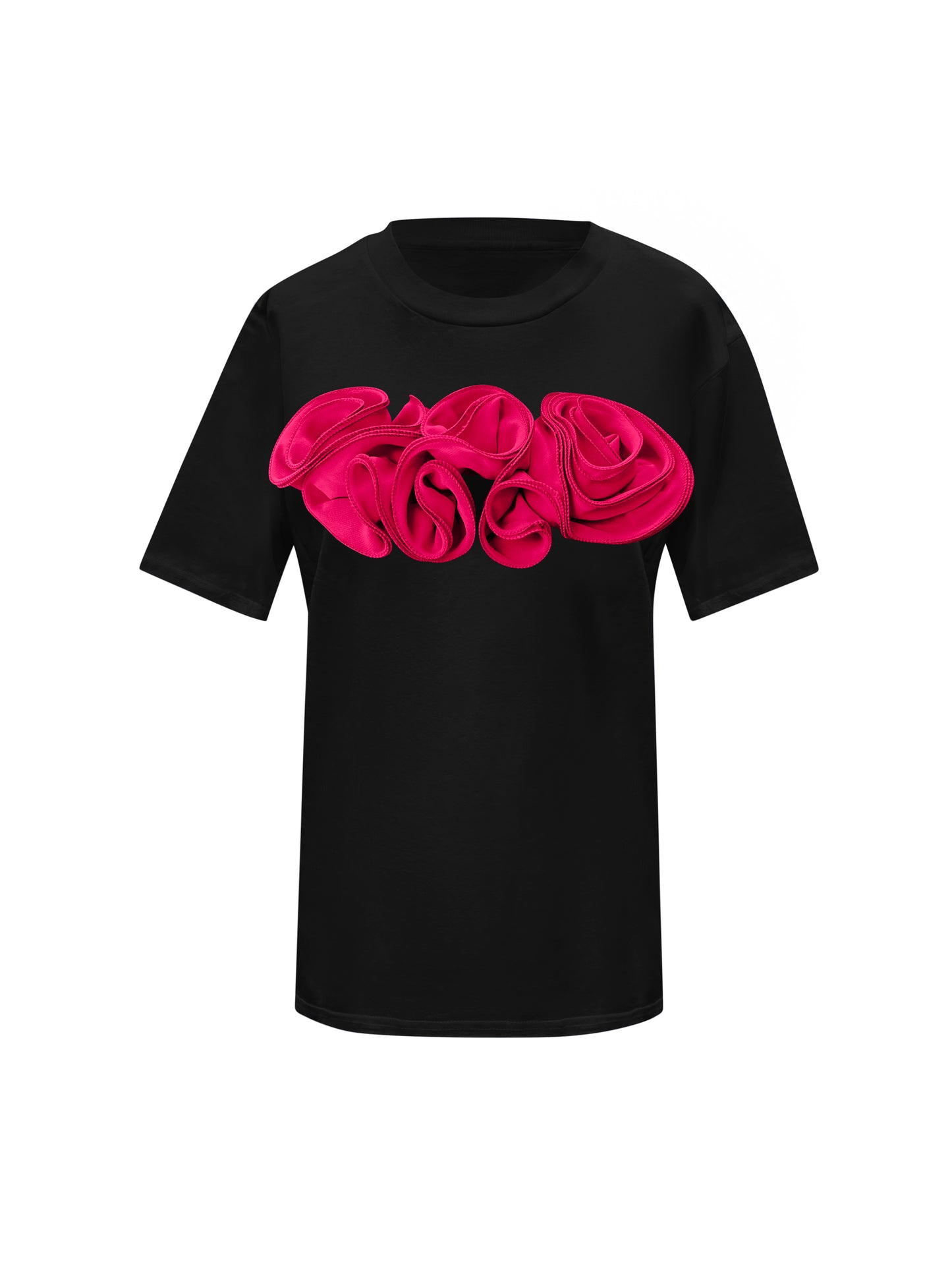 Flower Summer Black Cotton T-Shirt With Pink Central Roses