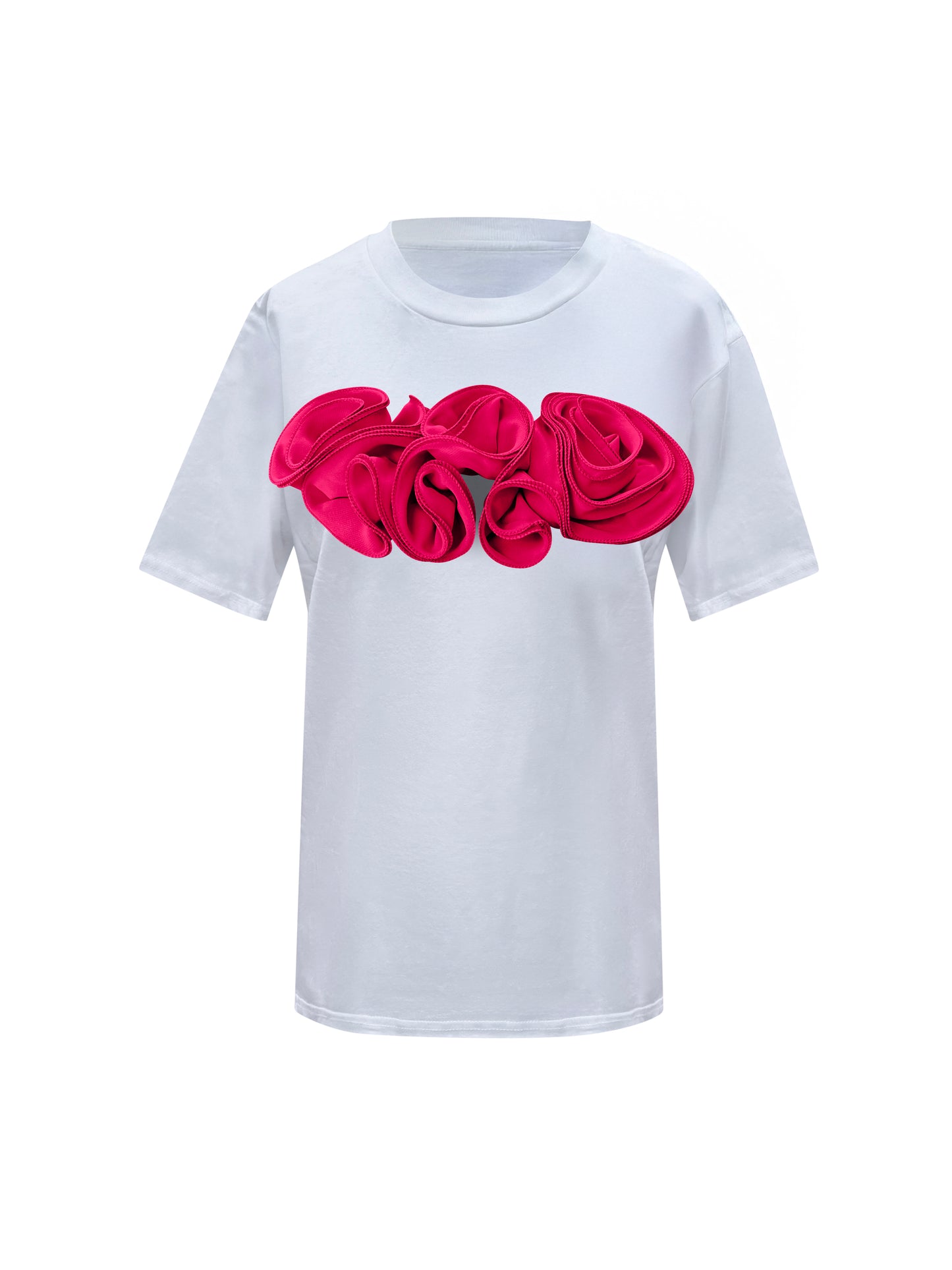 Flower Summer White Cotton T-Shirt With Pink Central Roses
