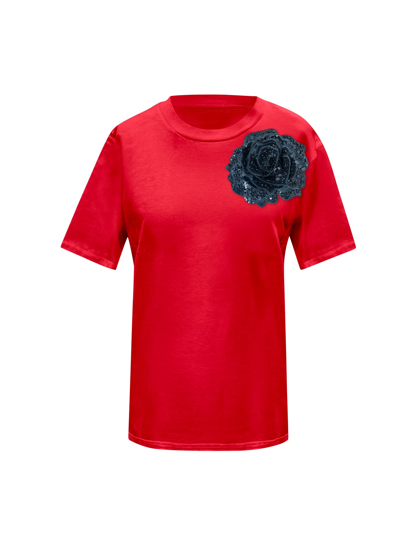 Red Cotton T-Shirt With Sequin Flower
