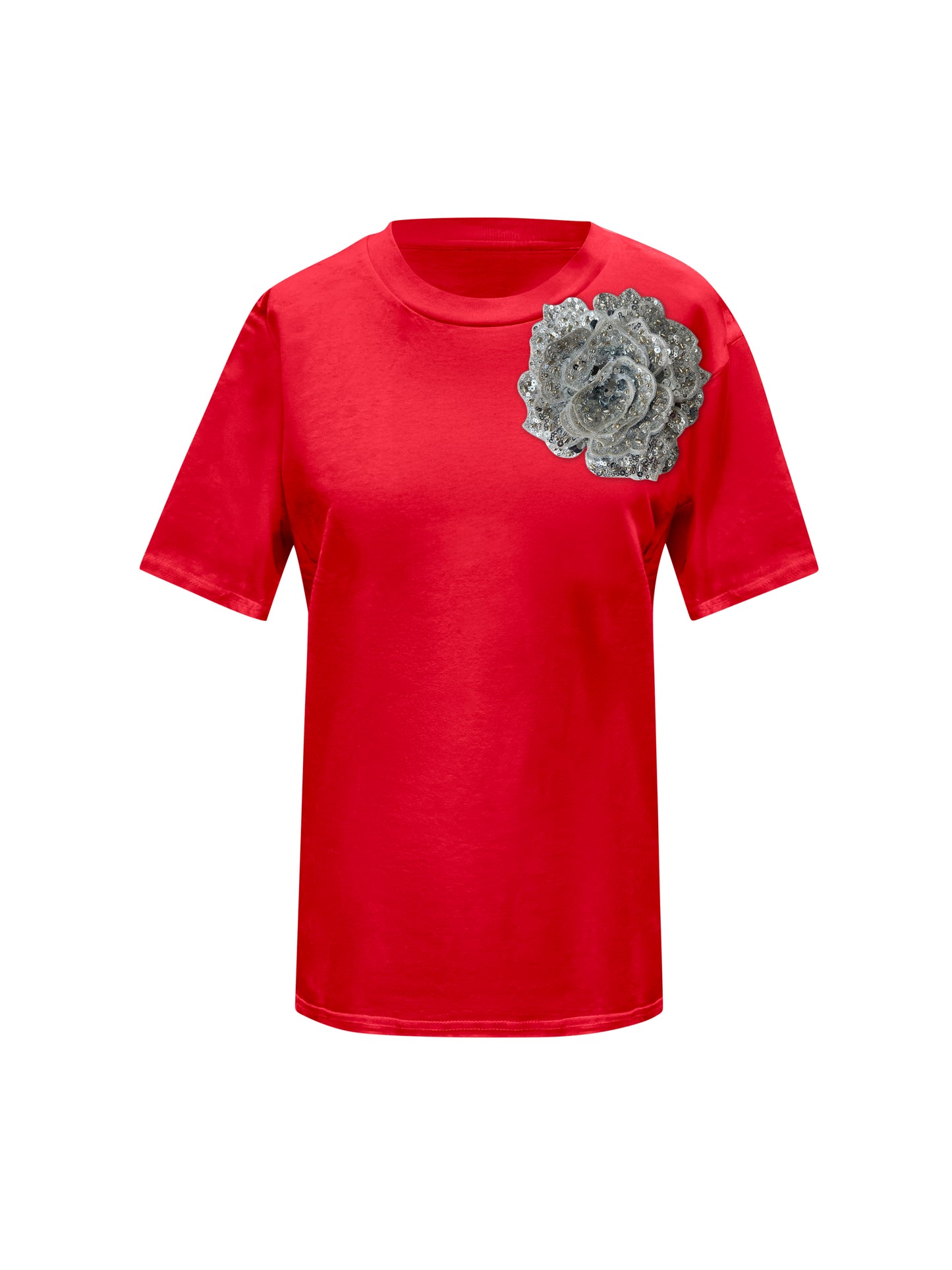 Red Cotton T-Shirt With Sequin Flower
