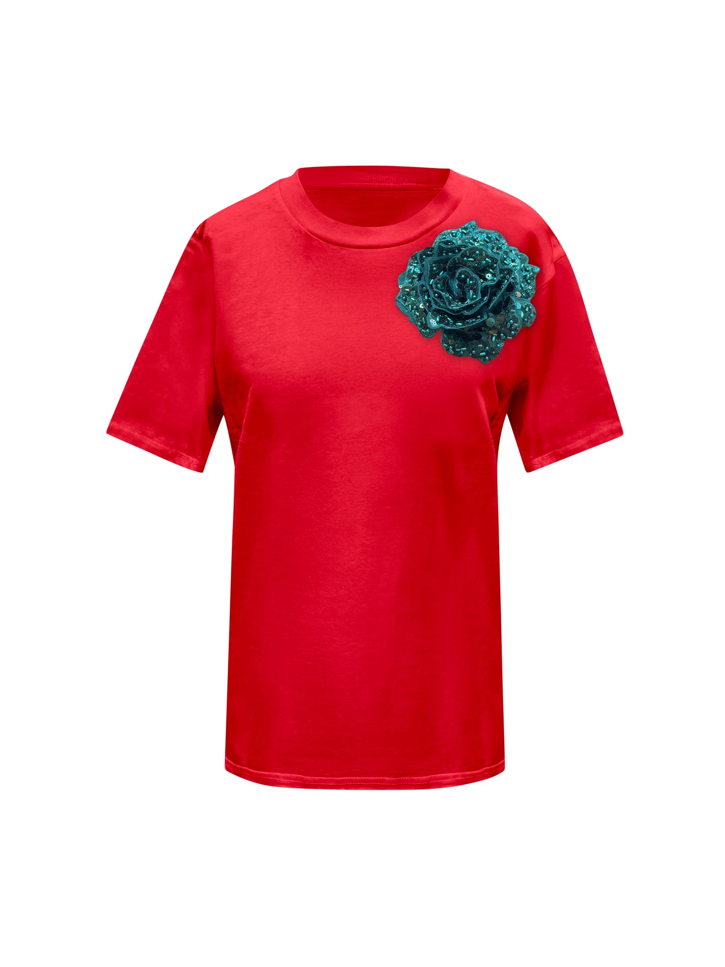 Red Cotton T-Shirt With Sequin Flower