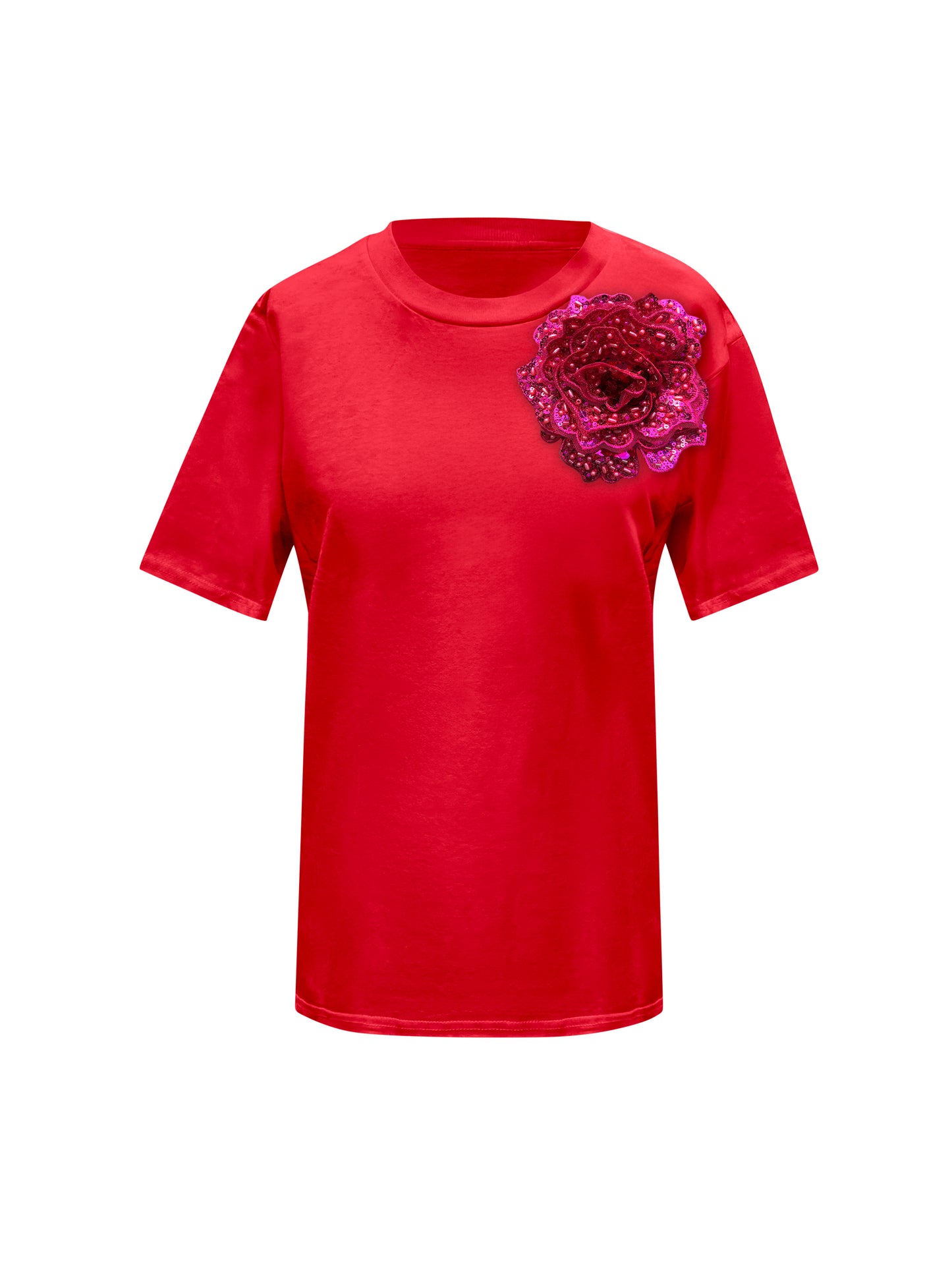 Red Cotton T-Shirt With Sequin Flower