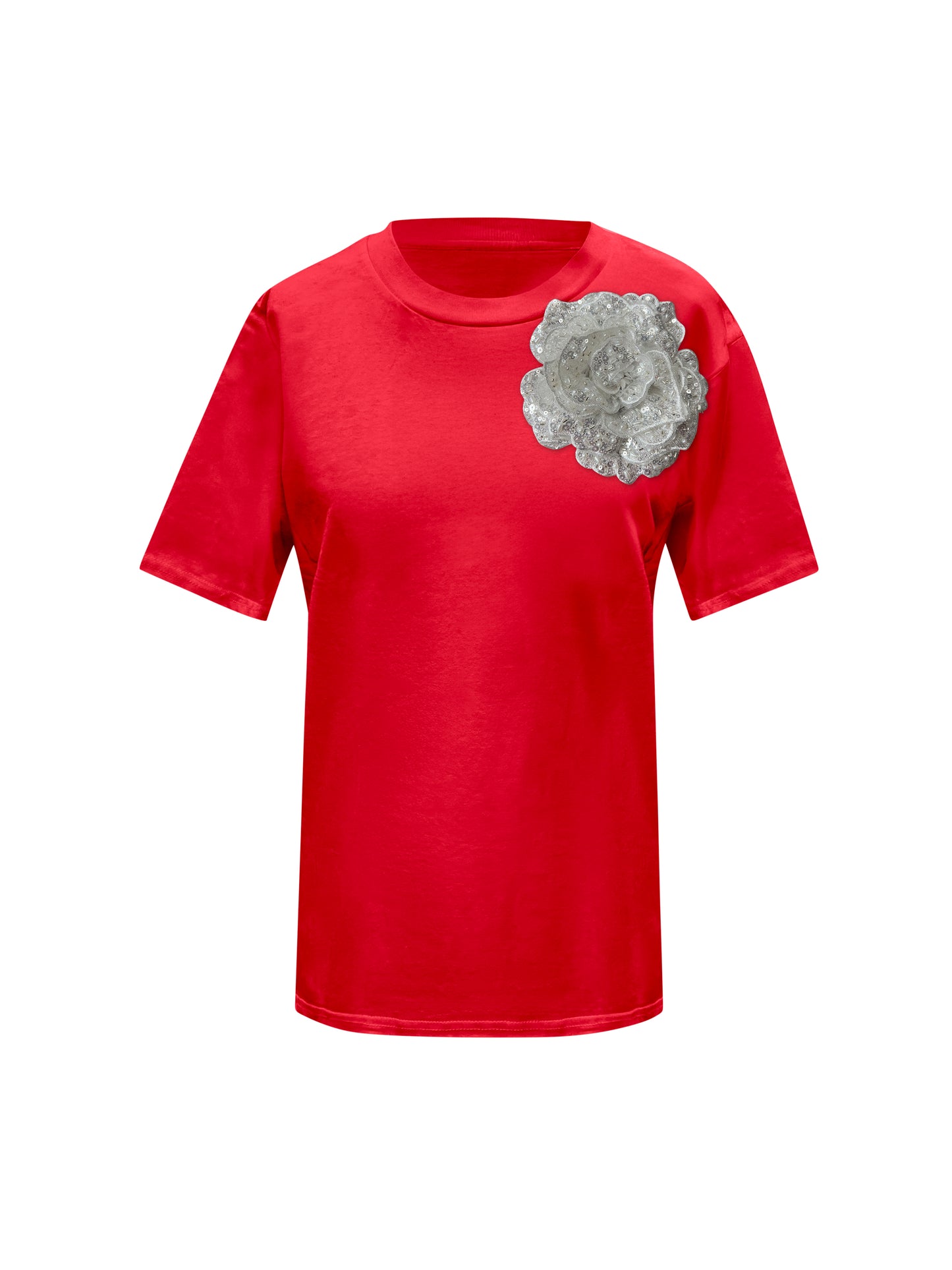 Red Cotton T-Shirt With Sequin Flower